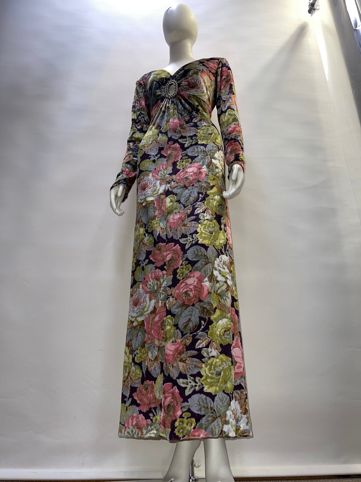 Workers Union (Vintage) Handmade Flowered Velour With Rhinestone Broche Maxi Dress (Sized M)