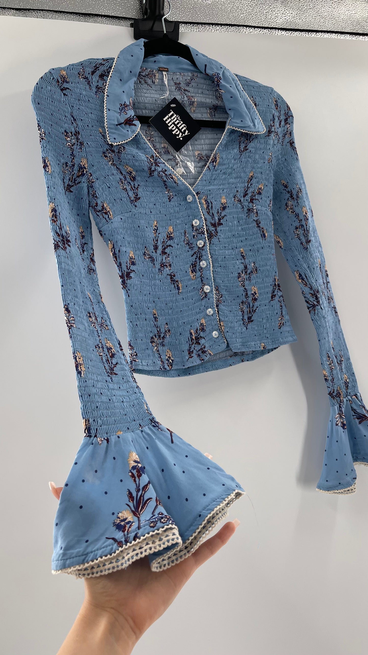 Free People Powder Blue Smocked, Collared, Bell Sleeved, Button Up (XS)