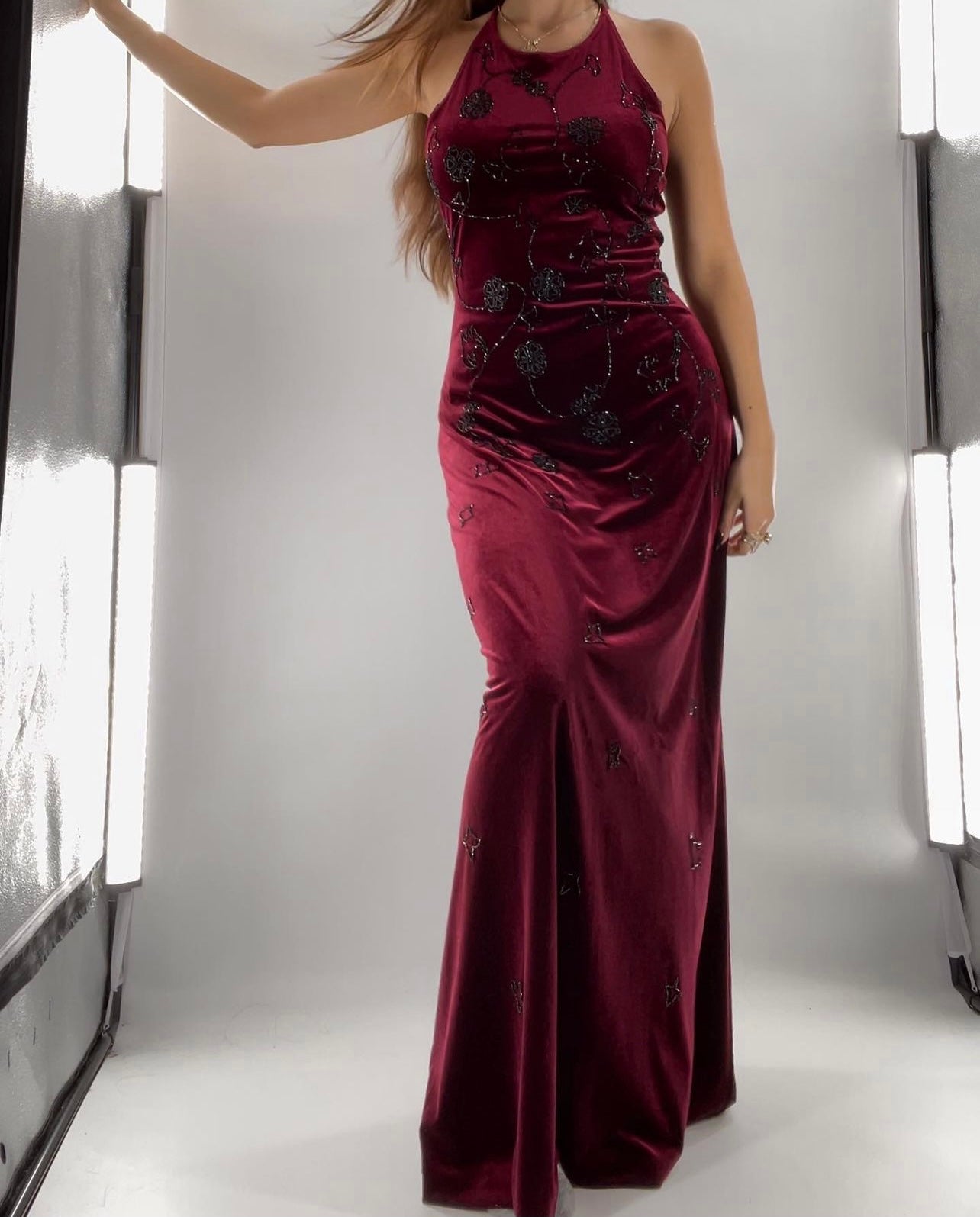 Red Velvet Vampirella Gown with Black Beading (8)