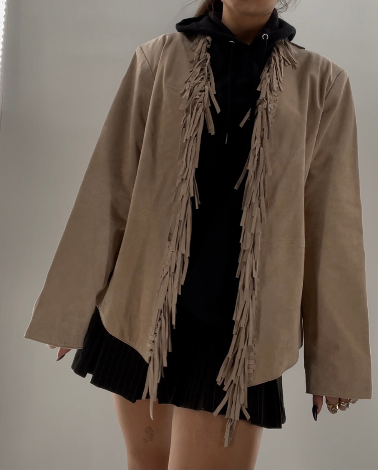 DIALOGUE Vintage Beige Suede Fringe Jacket (Large)