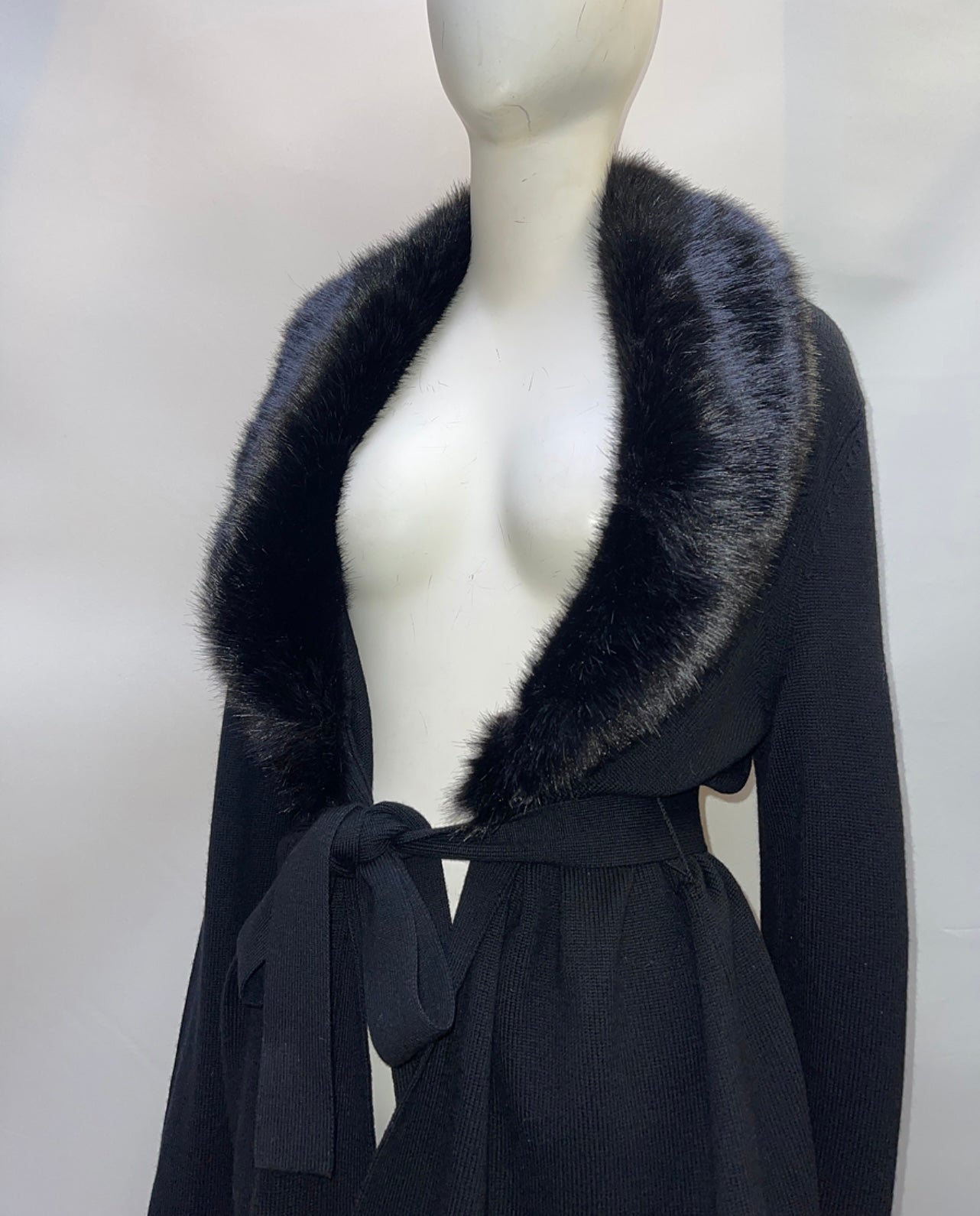 Talbots Black Jacket Cardigan with Fur Collar and Belt (Size L)