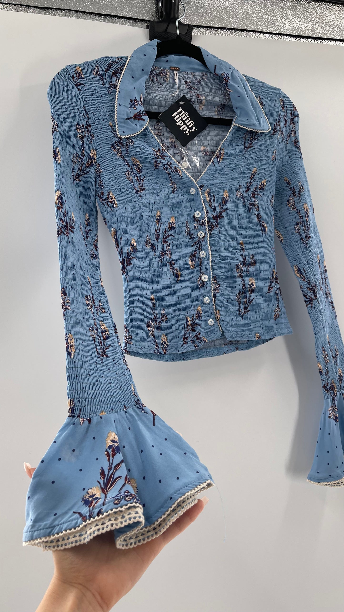 Free People Powder Blue Smocked, Collared, Bell Sleeved, Button Up (XS)