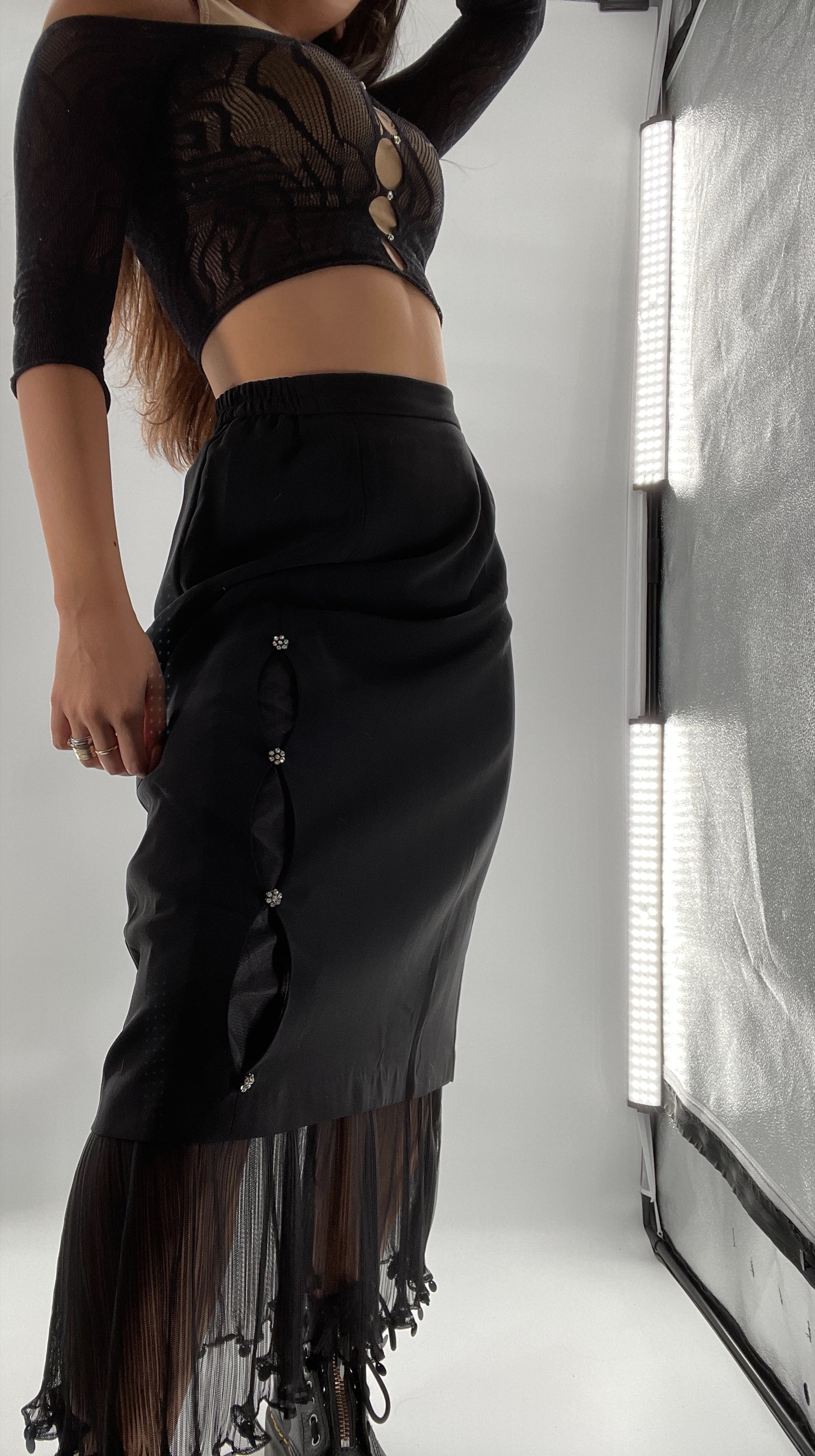 Vintage Black Maxi Cut Out/Bejeweled/Pleated Mesh Hem (8)