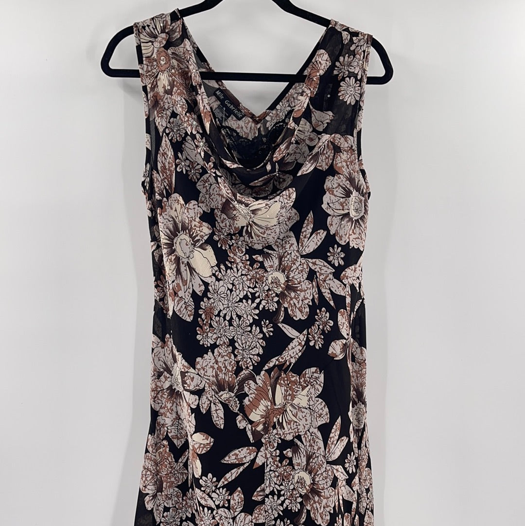 Mlle Gabrielle Black Flowered Sleeveless Voile Maxi Dress (Size L)