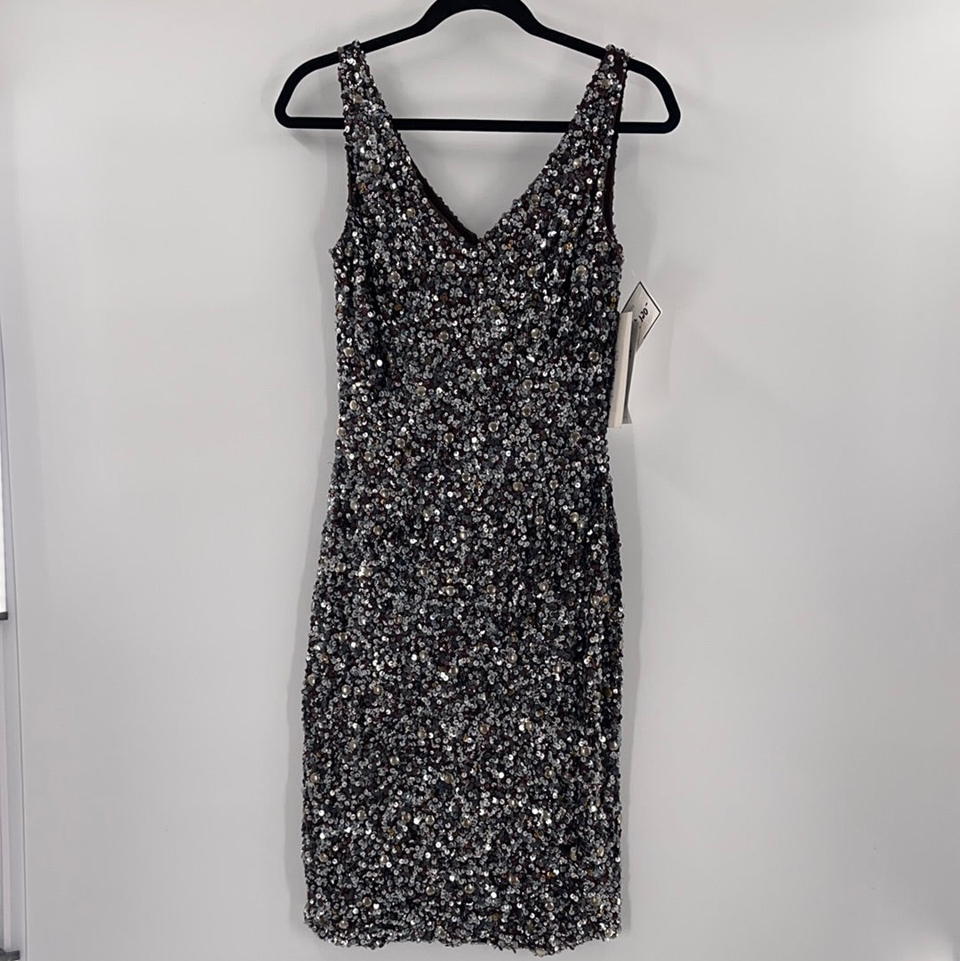 Theia (Vintage With Tag) Sequin and Beaded Mixed Metal Tones Sleeveless V Neck Midi Dress (Size 6)