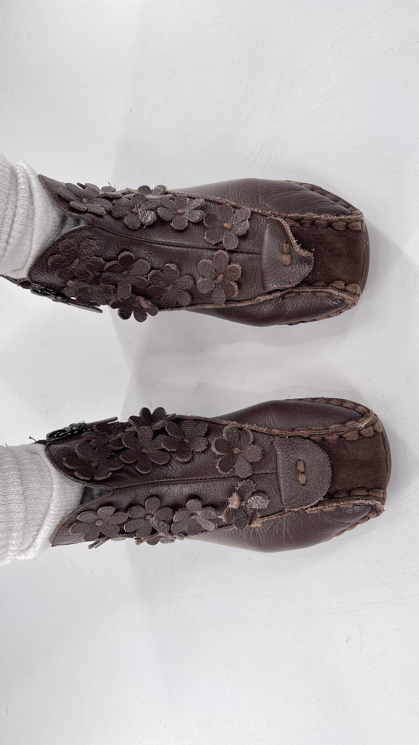 Handmade Brown Leather Flower Power Booties (38)