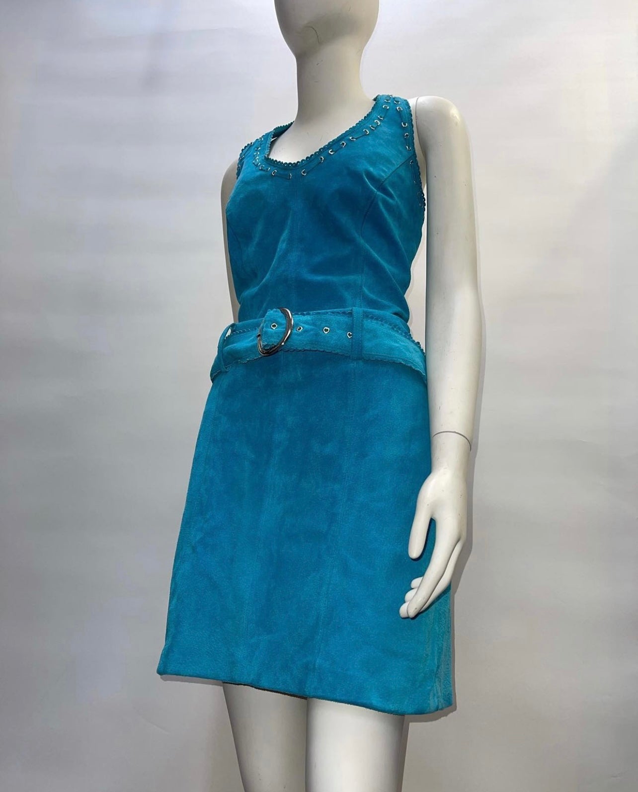 Vintage Teal Suede Leather Mini Dress(Sz 8)
