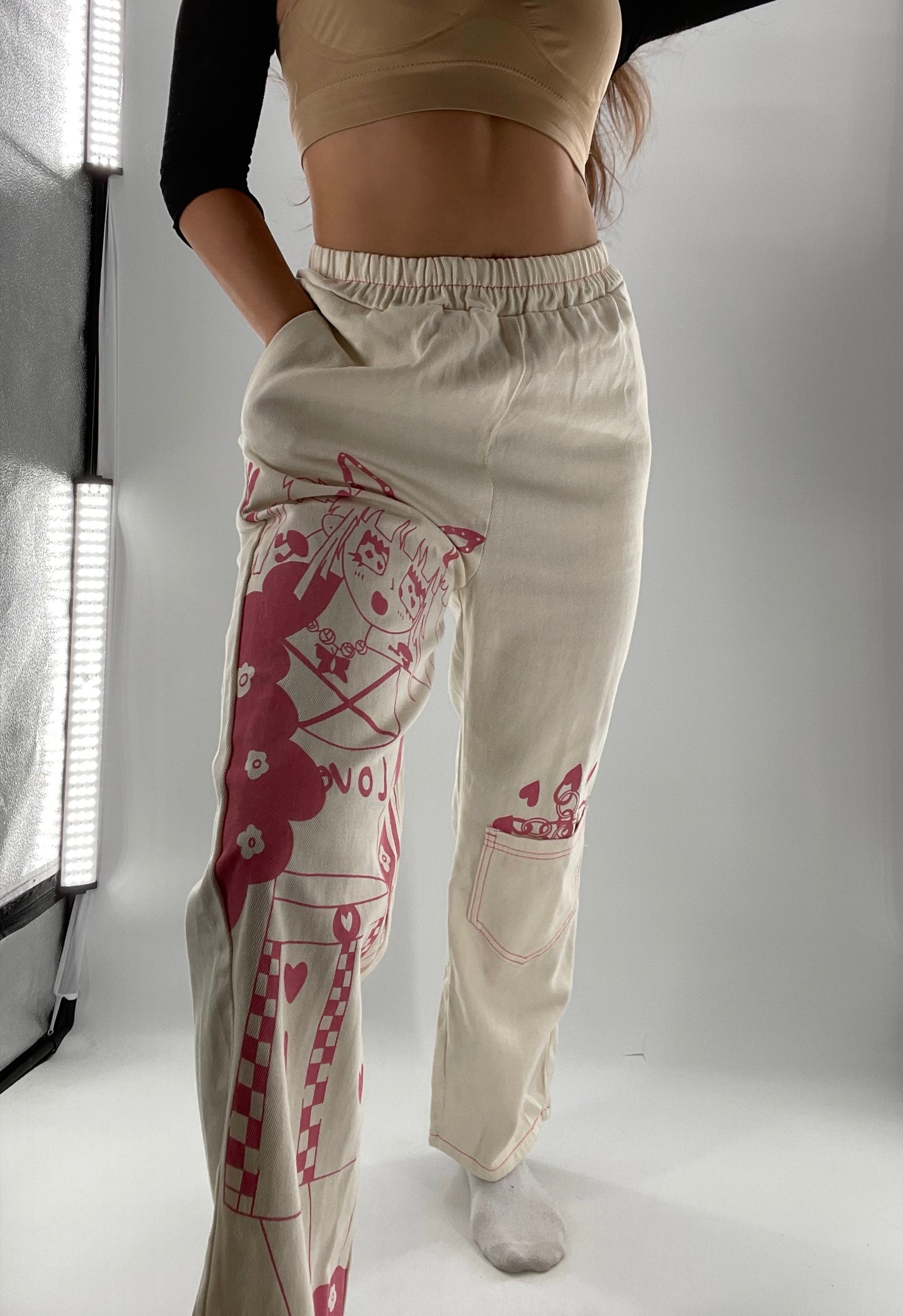 Beige Carpenter Pant with Pocket and Pink Anime Graphic (Medium)