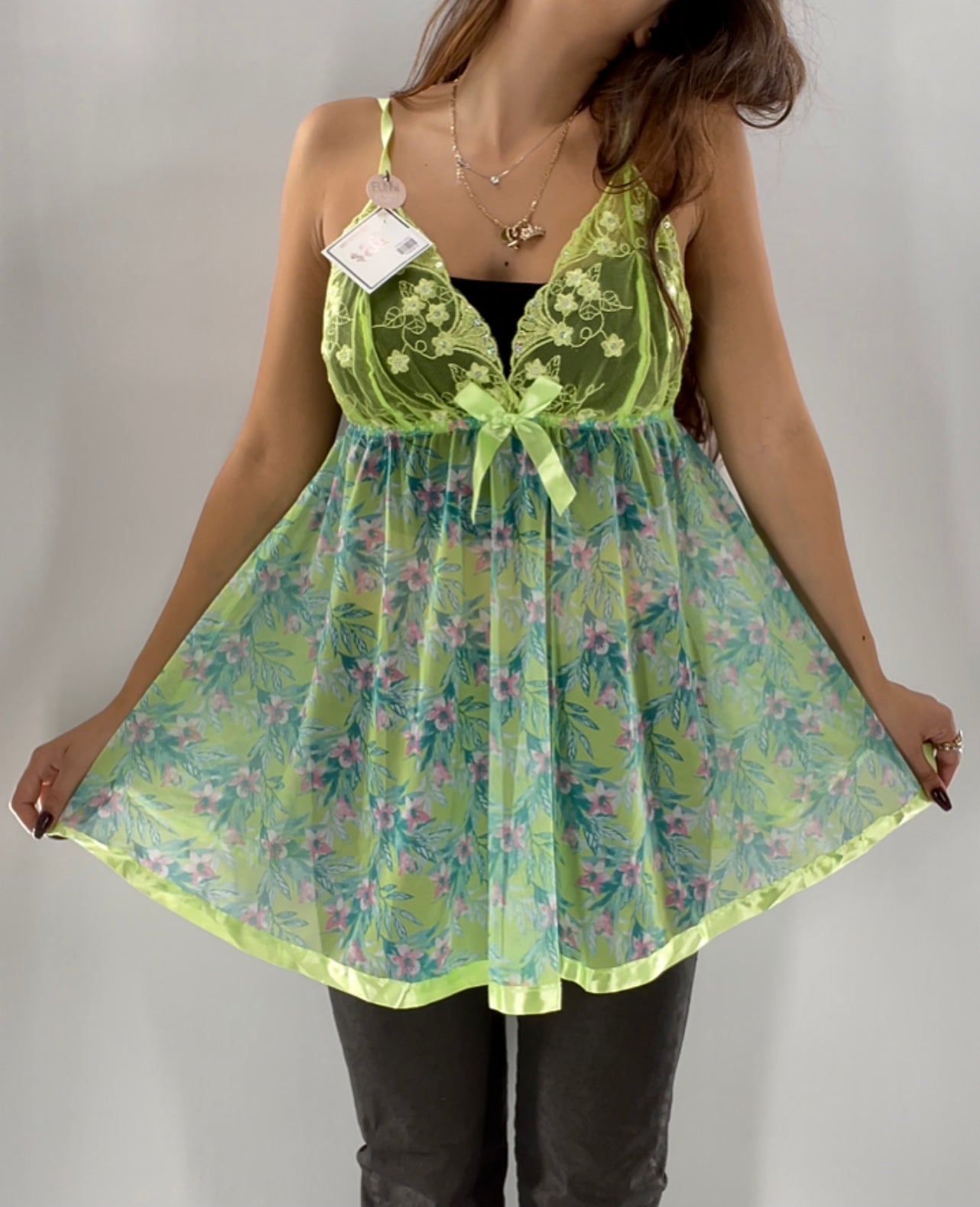 Lime Green Babydoll Top + Thong Set (Large)