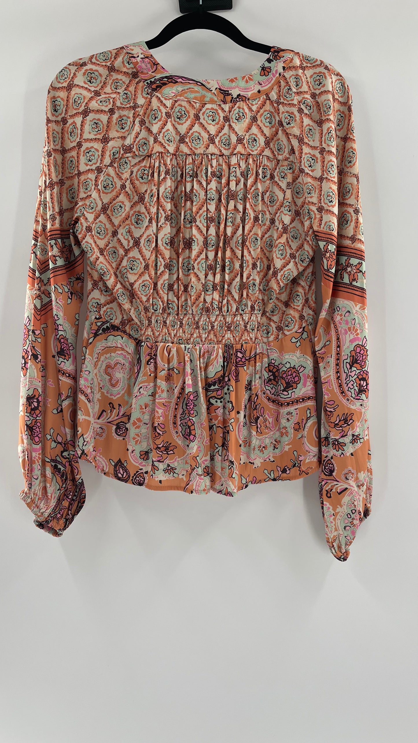 Free People Silky Orange Paisley Tie Front Blouse (M)