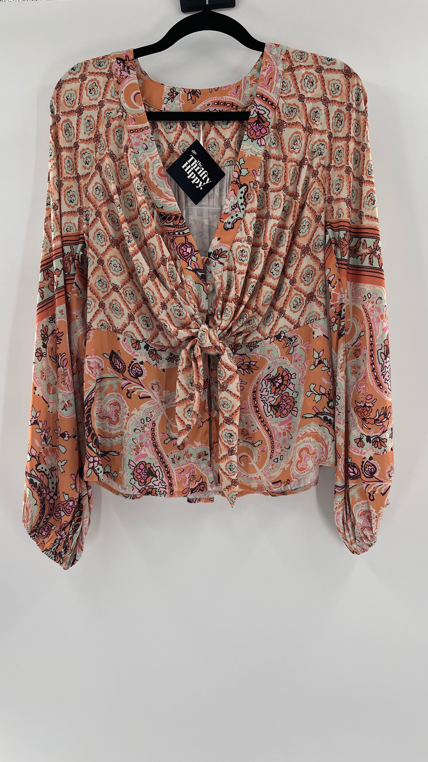 Free People Silky Orange Paisley Tie Front Blouse (M)