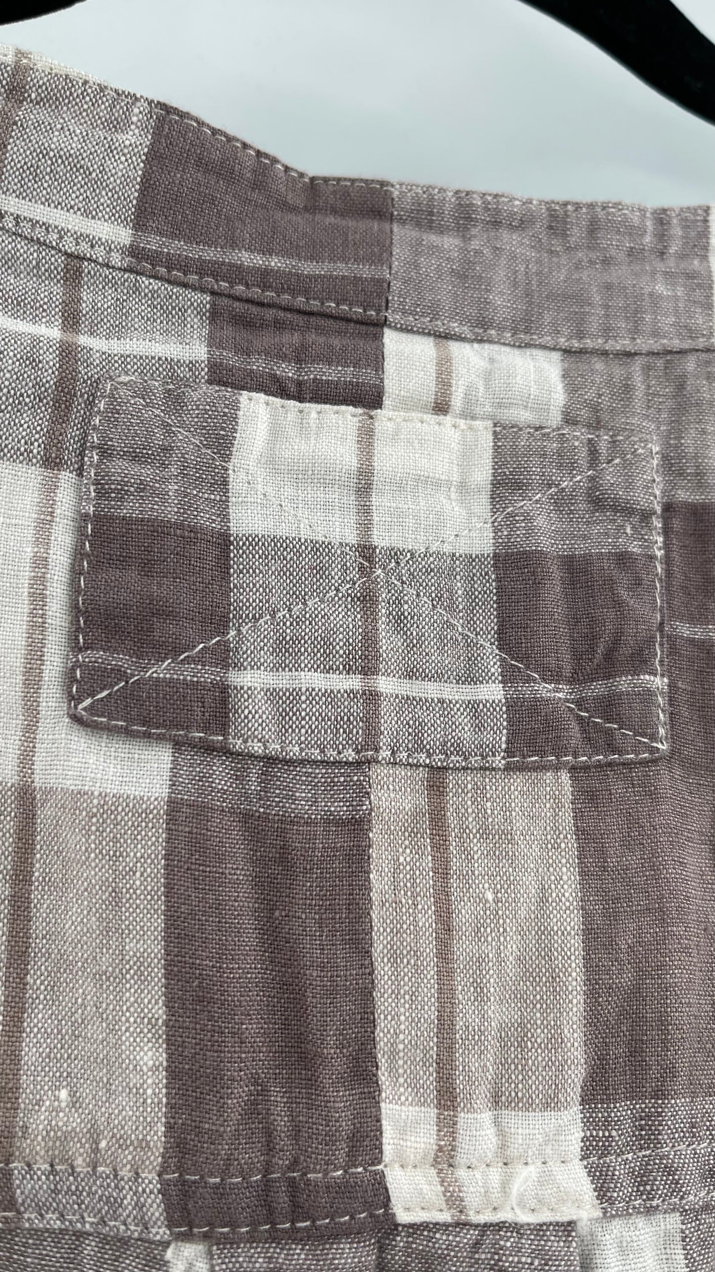 Free People 100% Linen Plaid Grey Short Sleeve (Small)