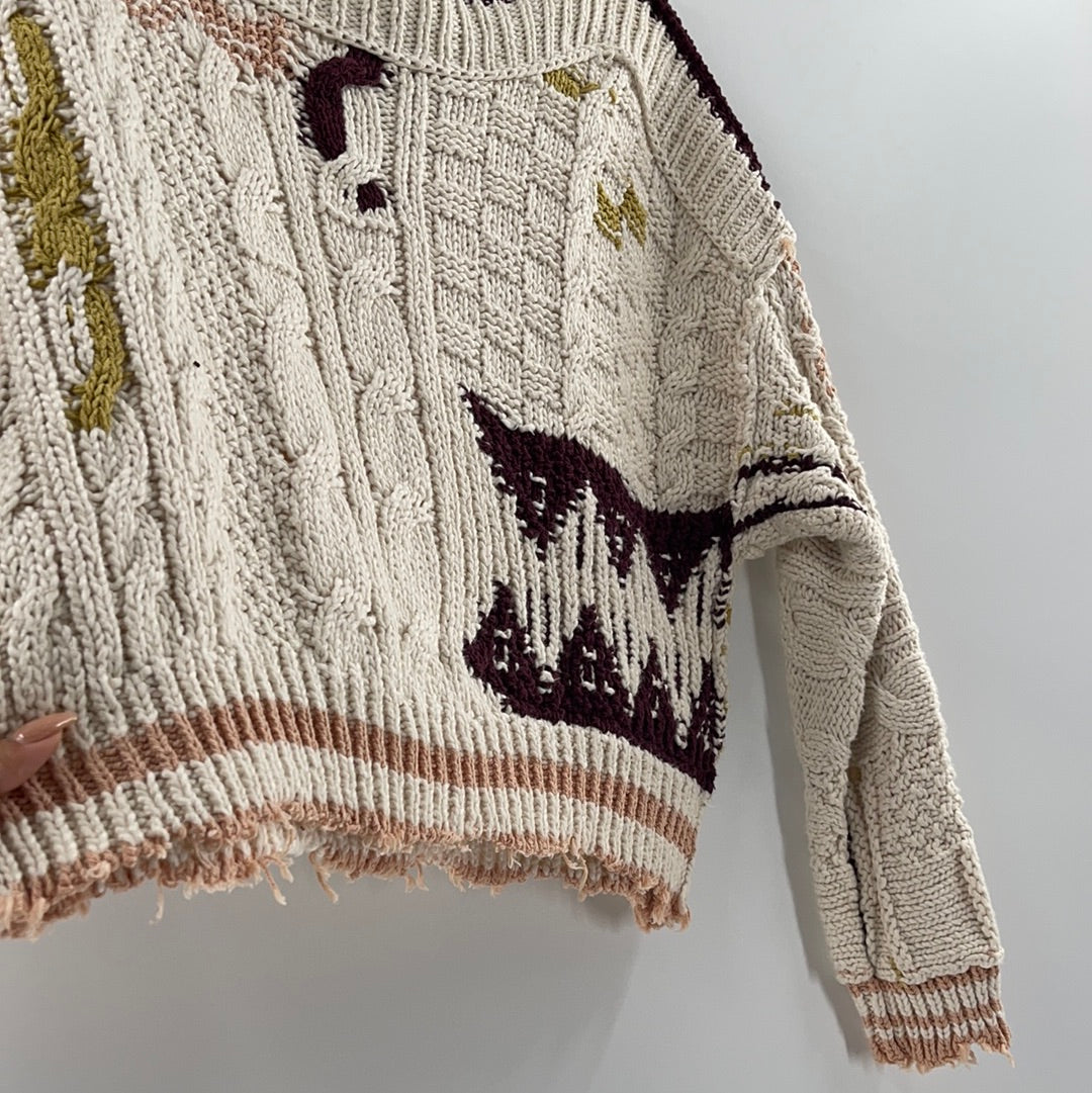 Free People Distressed Cropped Sweaters Cream With Burgandy Mustard and Pink Details (Size XS)