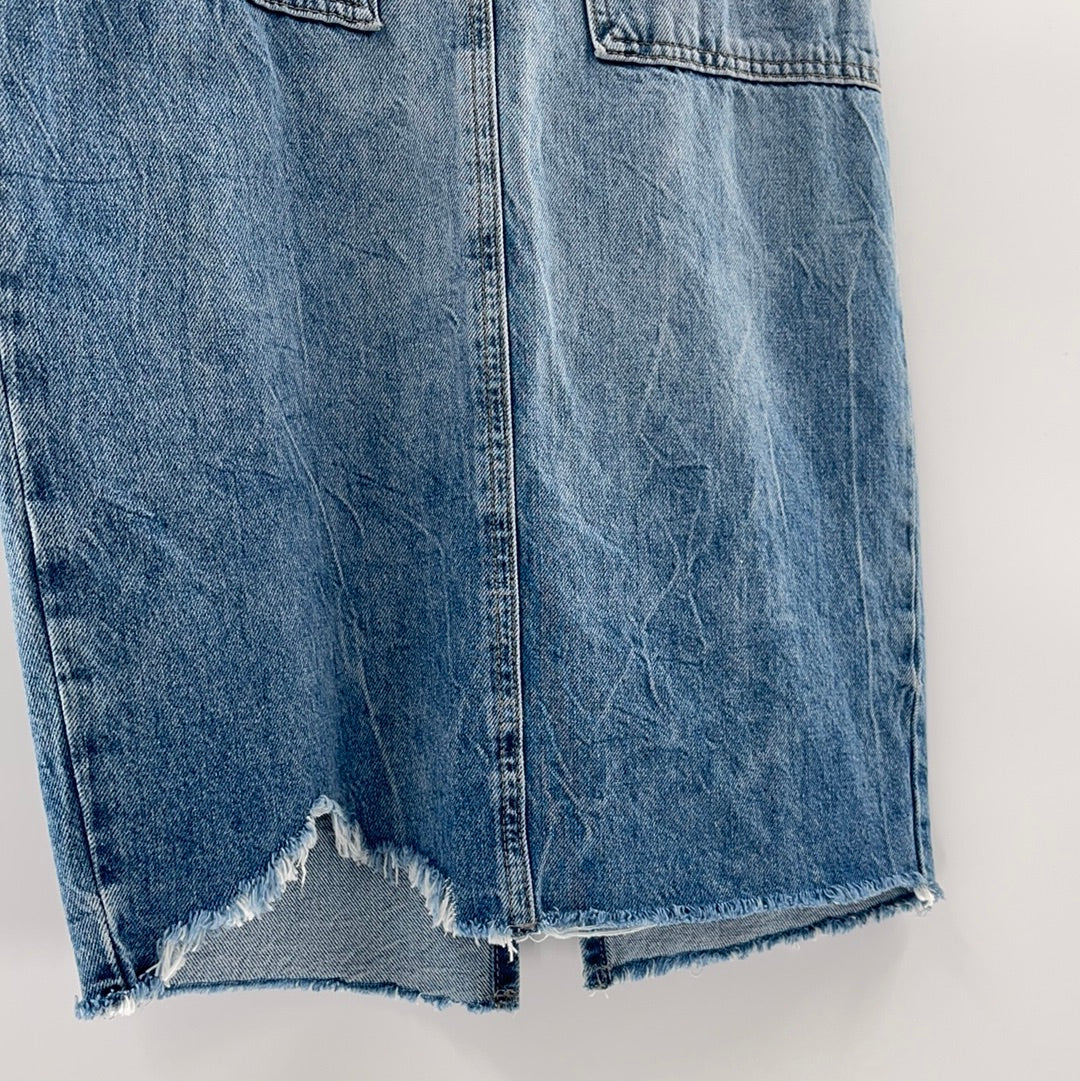 Free People Denim Vented Zip Up High Waisted Skirt (Size 2)