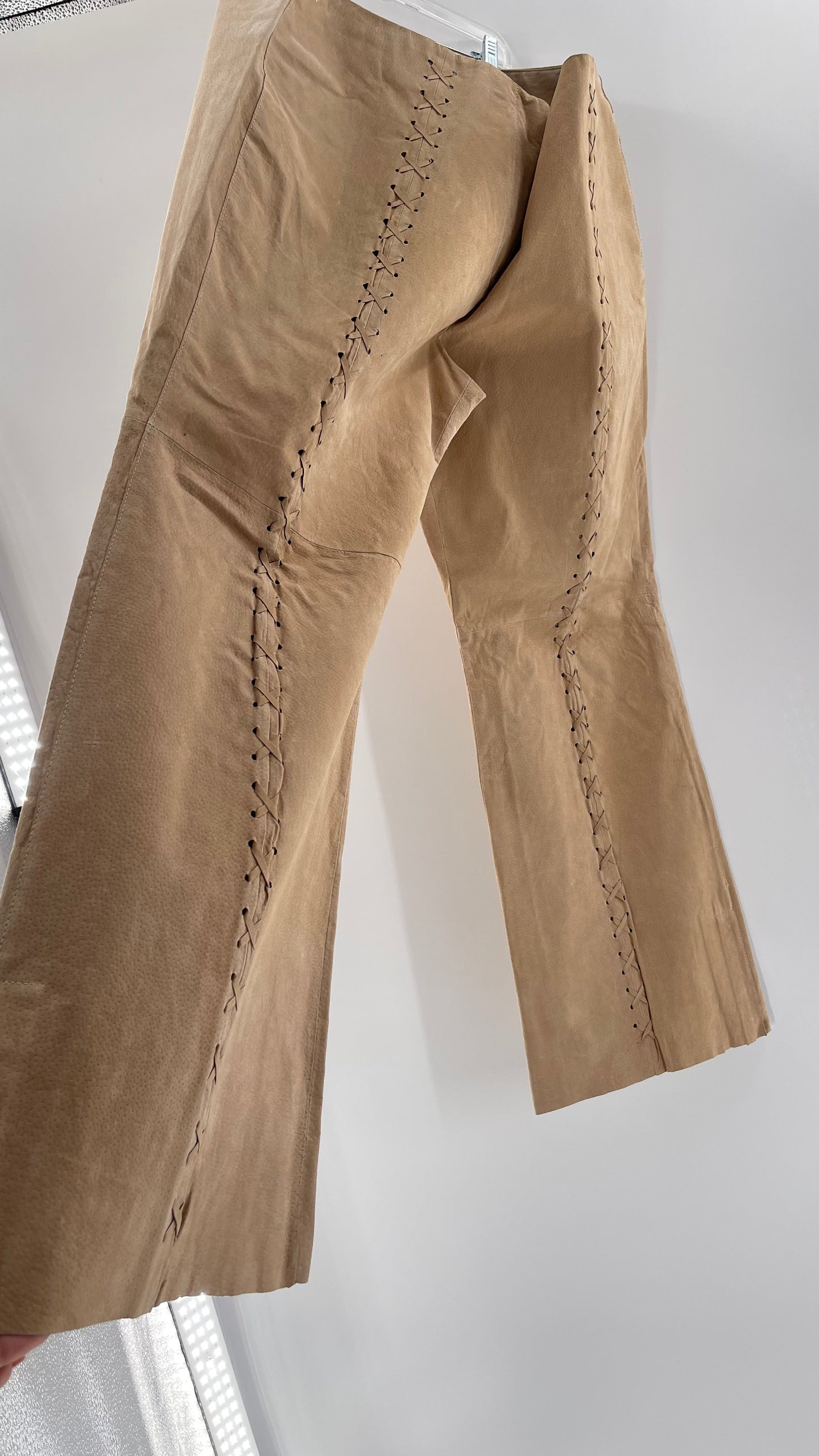 Vintage HYPOACTIVE Tan Leather Lace Up Plus Size Flare Pants (22W)