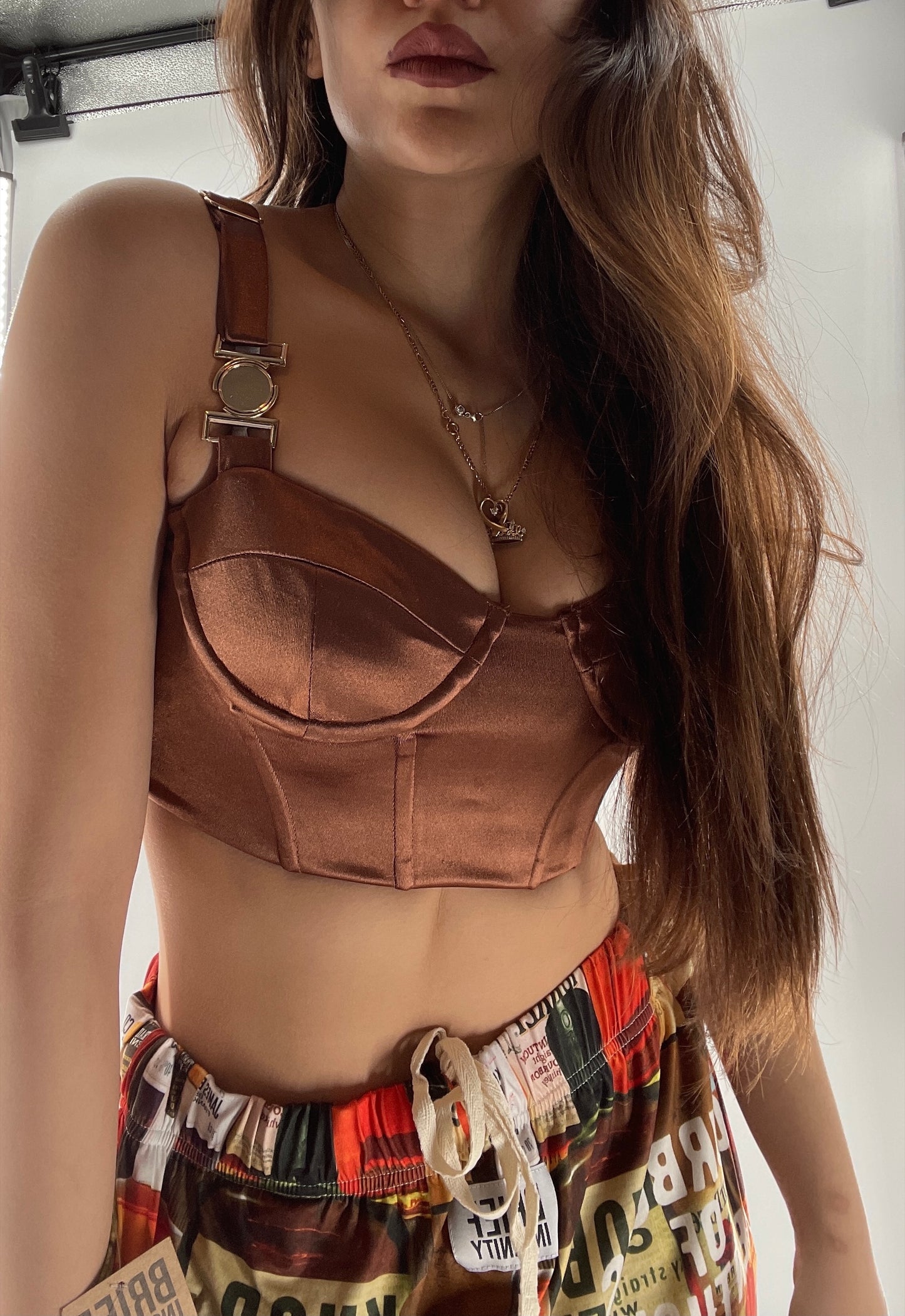 Princess Polly Brown Cropped Corset with Gold Medallion (2)