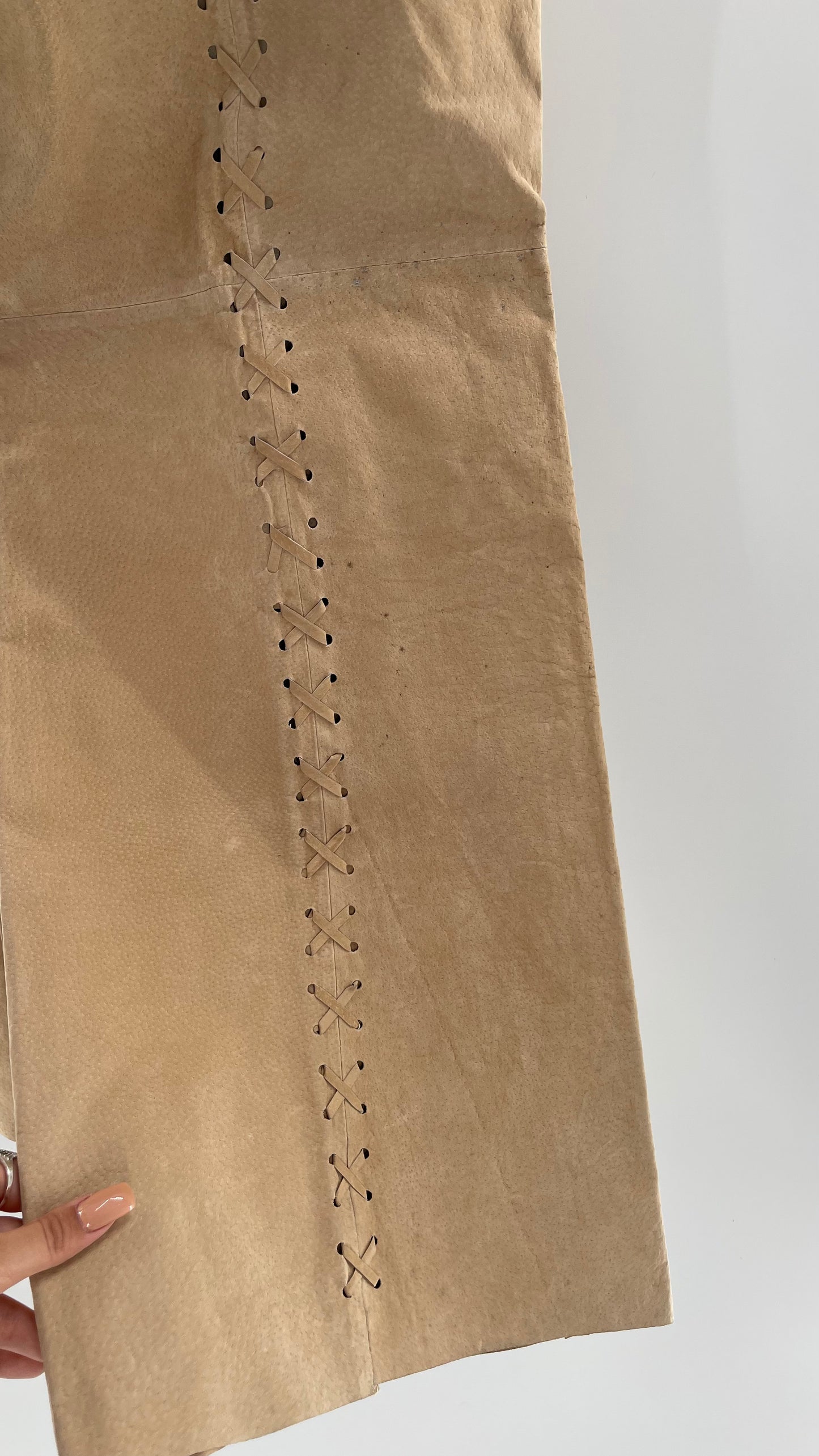 Vintage HYPOACTIVE Tan Leather Lace Up Plus Size Flare Pants (22W)