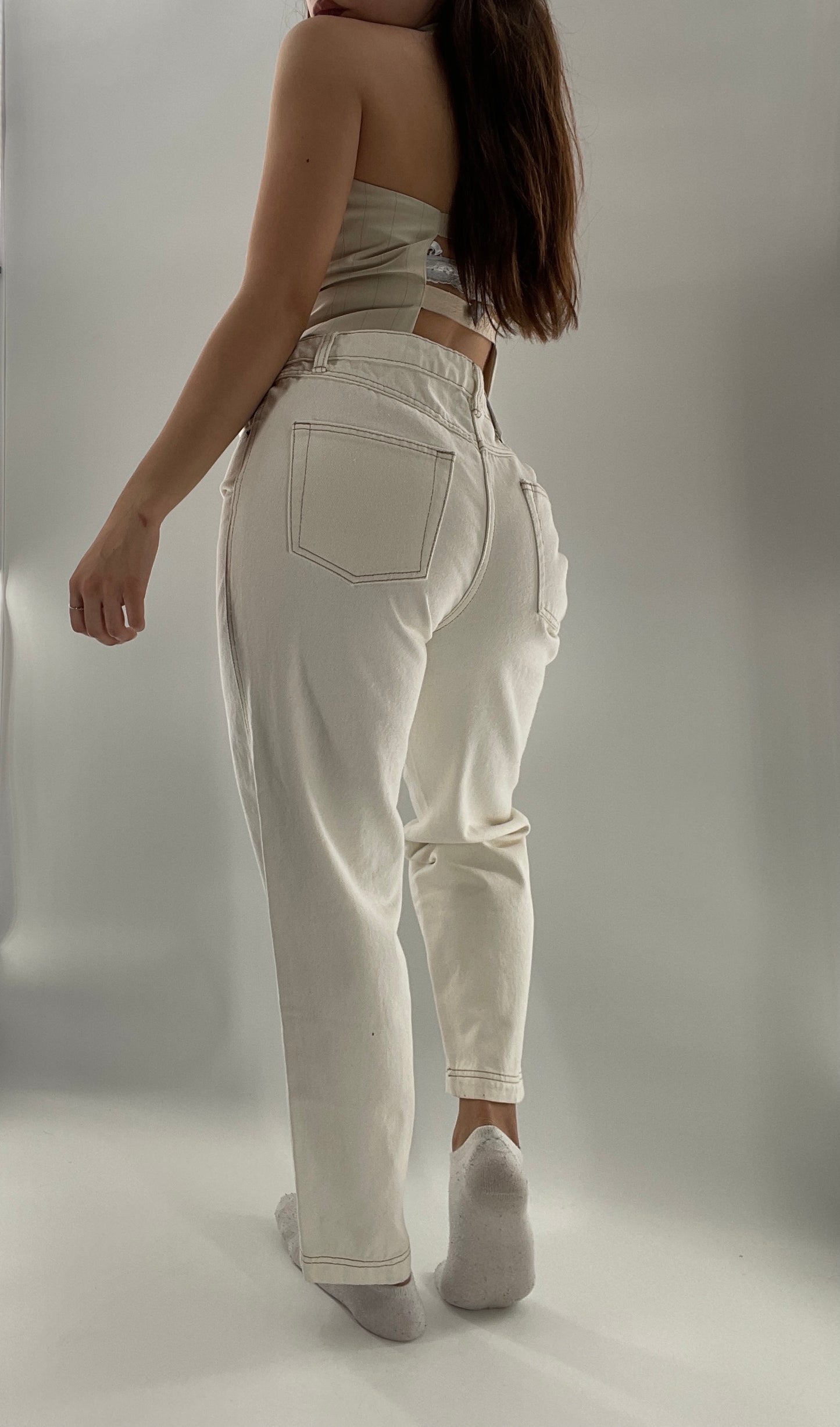 Future Collective Beige Mid Rise Tapered Leg Jeans Assymetric Waistline (4)