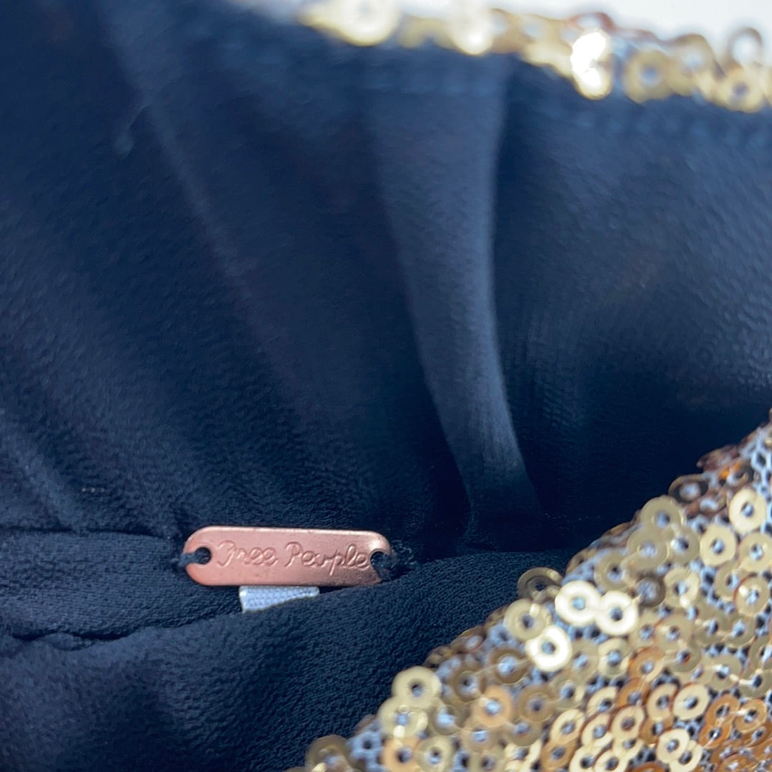 Free People Sparkly Gold Sequin Mini Skirt Ruched Side (Size Medium)