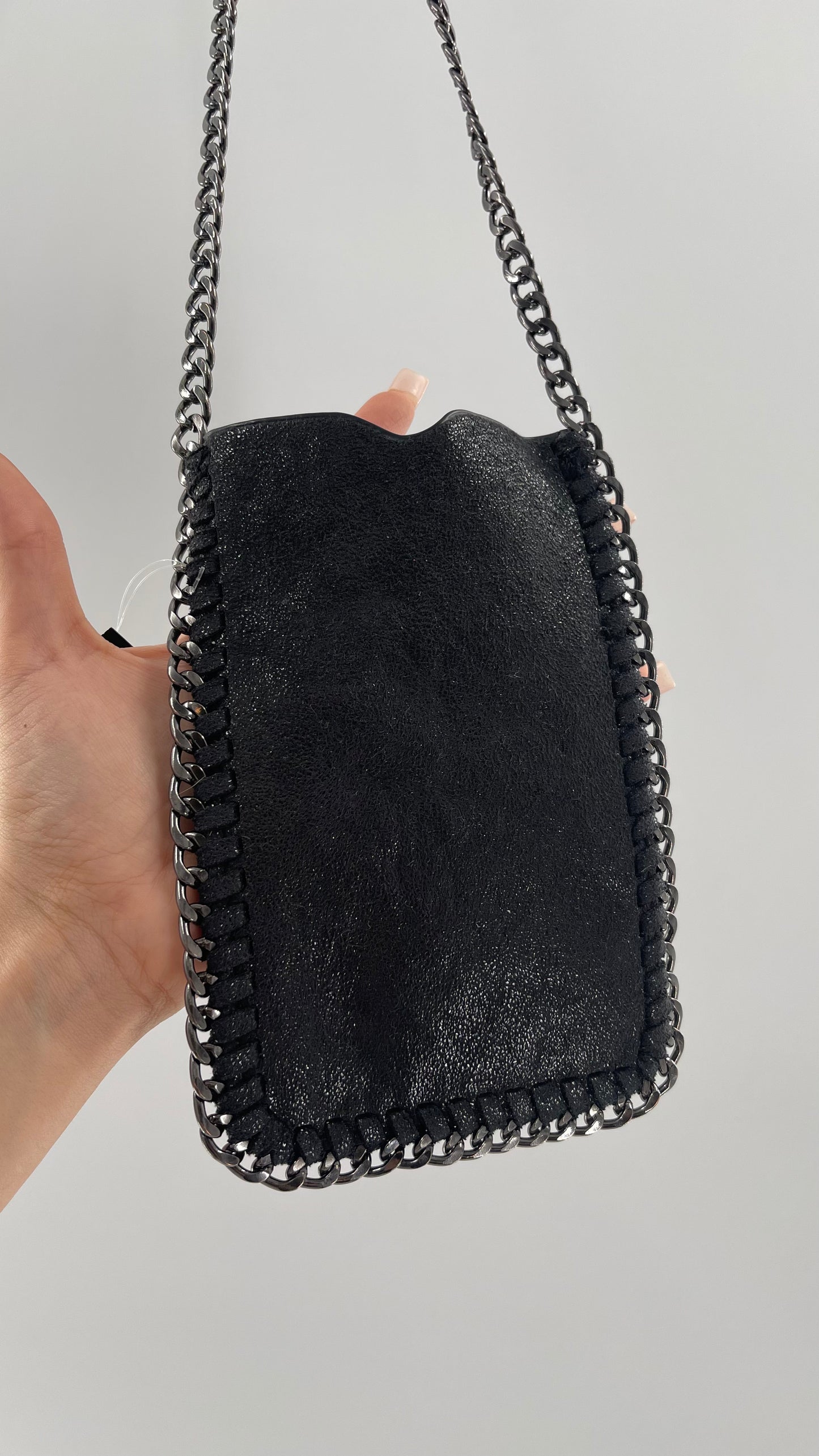 Metallic Black Leather Chain Lined Phone Pouch