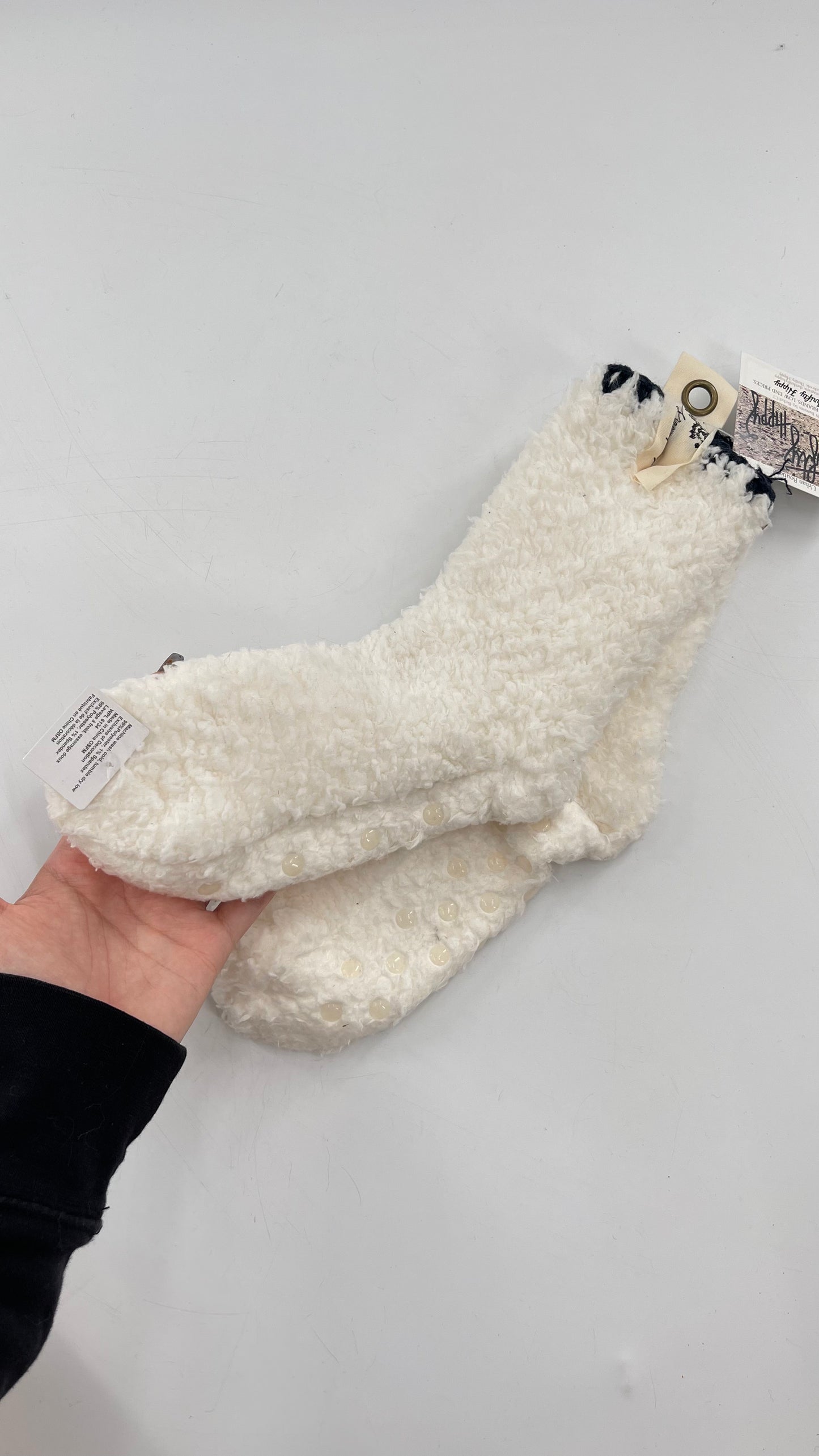 Free People White Fuzzy Socks with Navy Embroidery