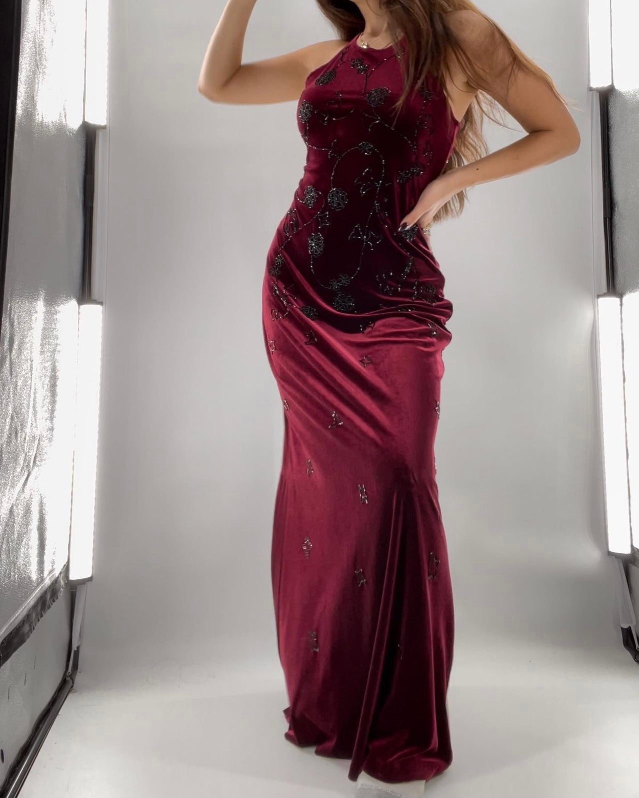 Red Velvet Vampirella Gown with Black Beading (8)