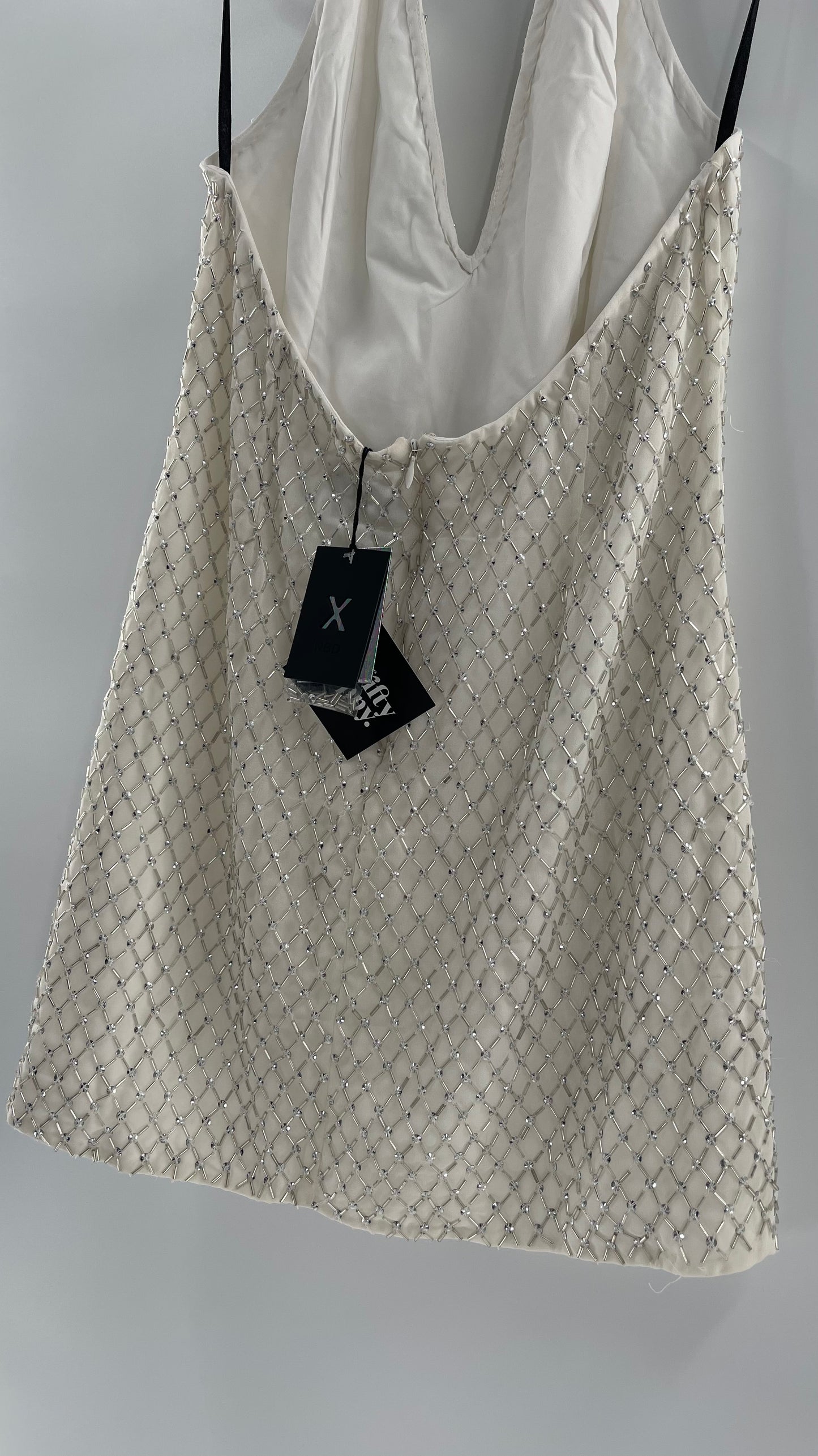 X by NBD White Jack Dress in Ivory Silver Beaded Halter Dress with Tags Attached (Large)