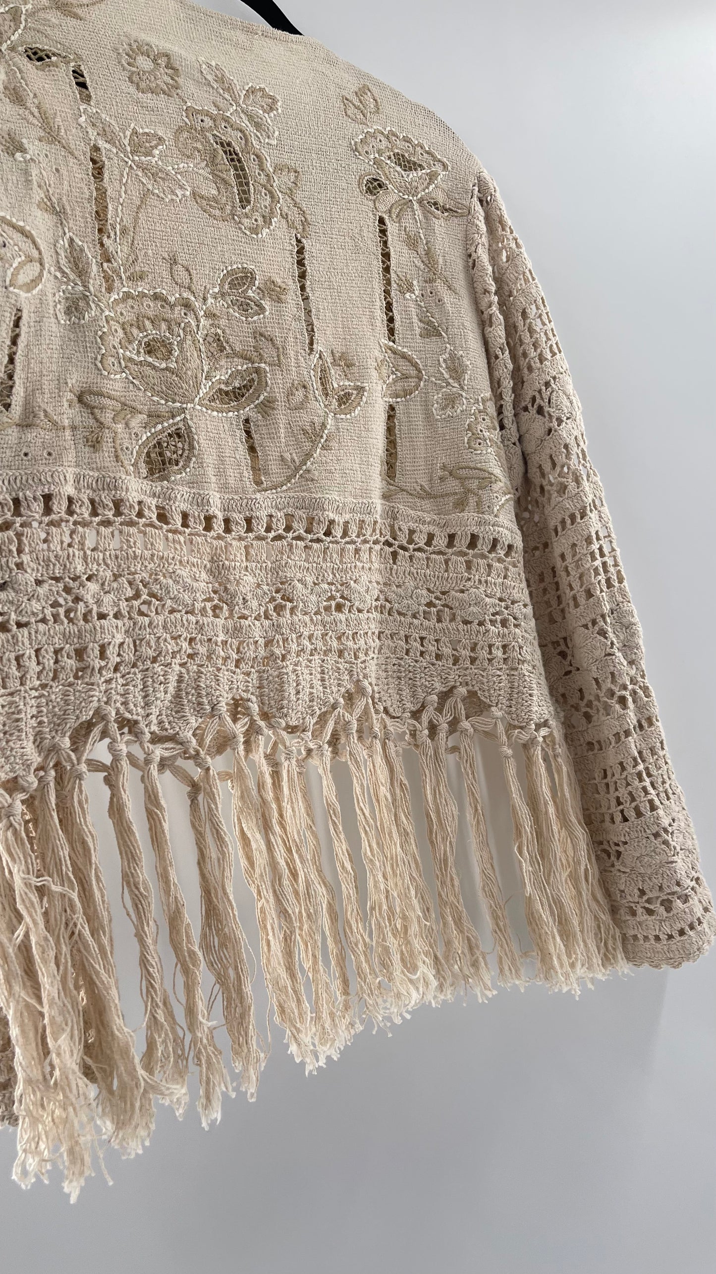 Zara Beige Gauze, Crochet, Embroidered Tunic Blouse (Large)