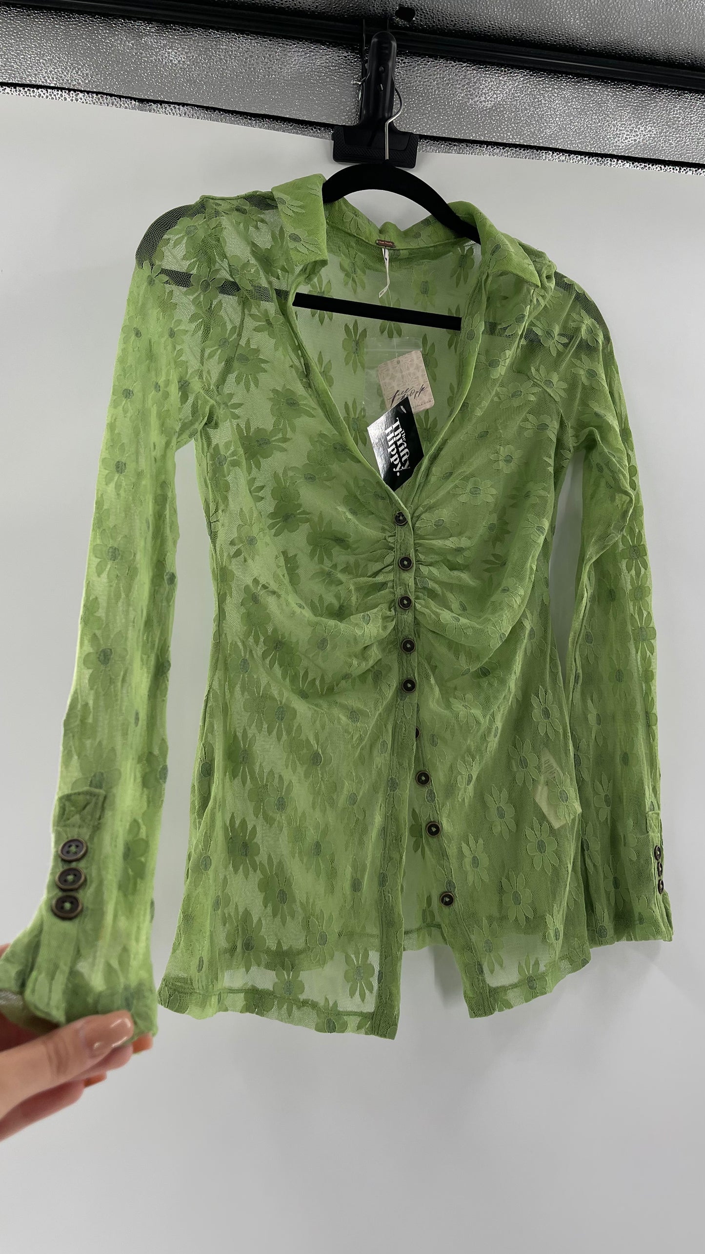 Free People Flower Fields Green Lace Collared Button Up (Small)