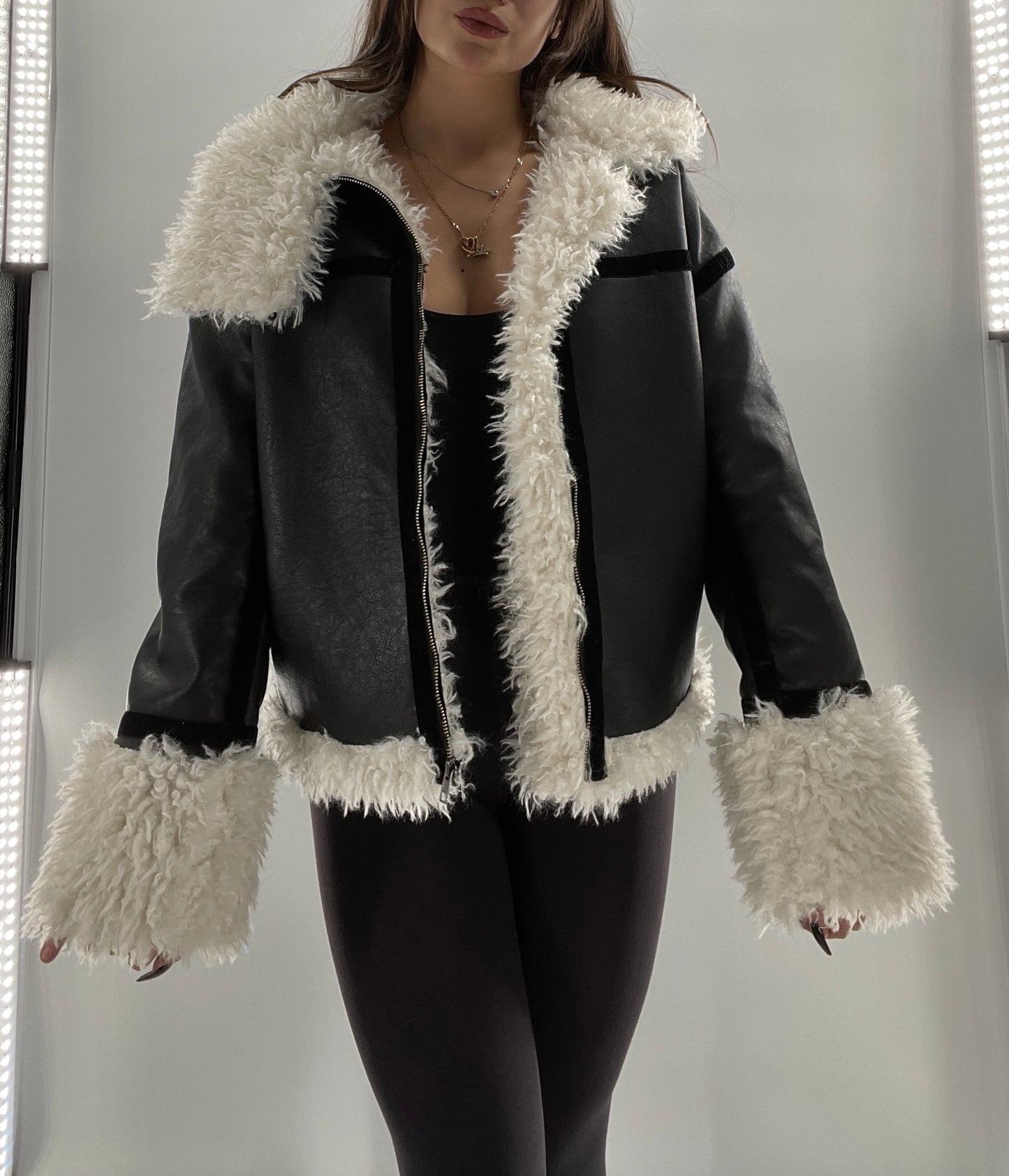 LIONESS Phoenix Jacket Black Faux Leather White Fur Trim (XS)