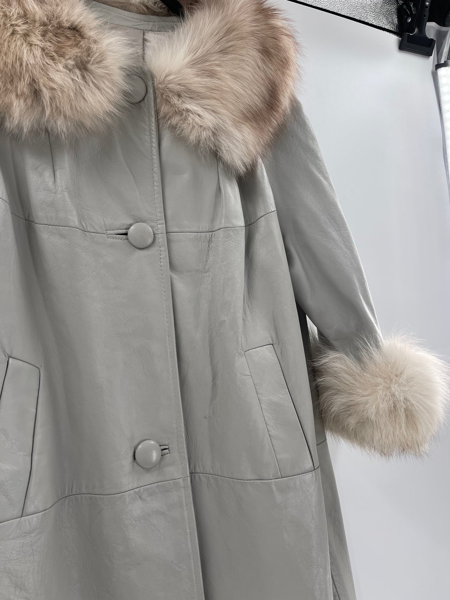Light Gray 100% Leather Coat With Real Fur Collar and Cuffs Trim (Size 16) VINTAGE