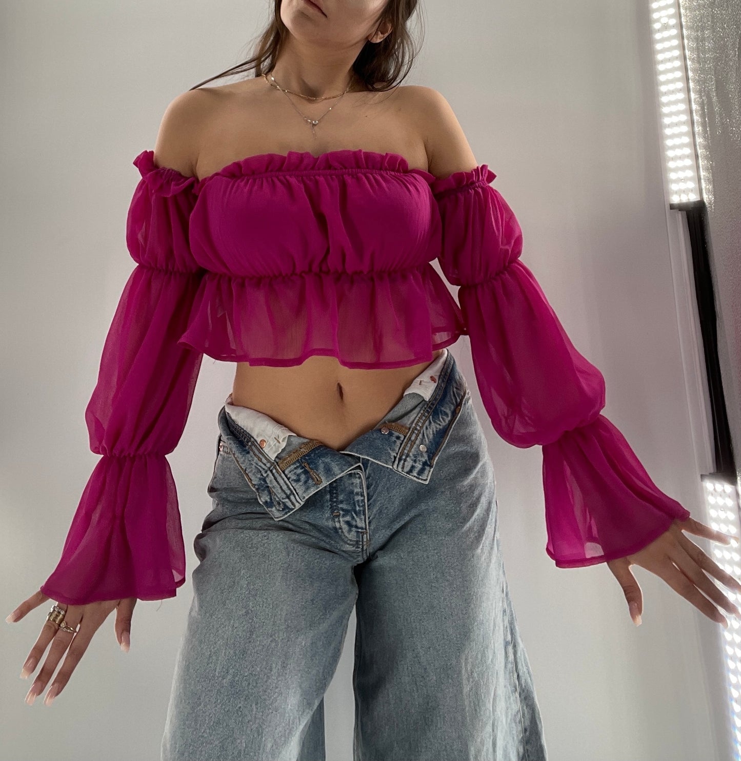 Fashion Nova Fuchsia Sheer Long Sleeve Crop (Small)