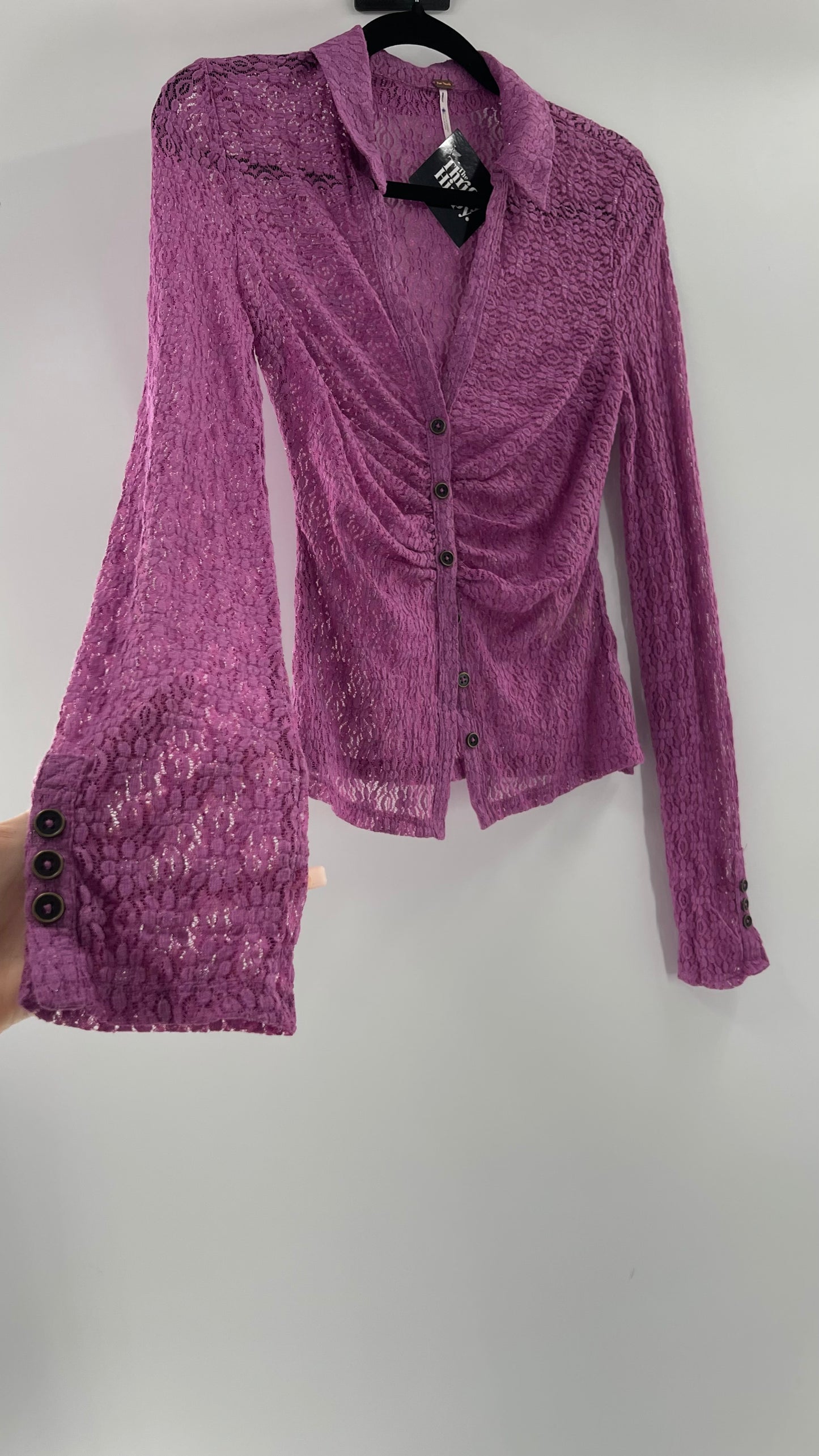 Free People Flower Fields Lavender Lace Collared Button Up (Small)