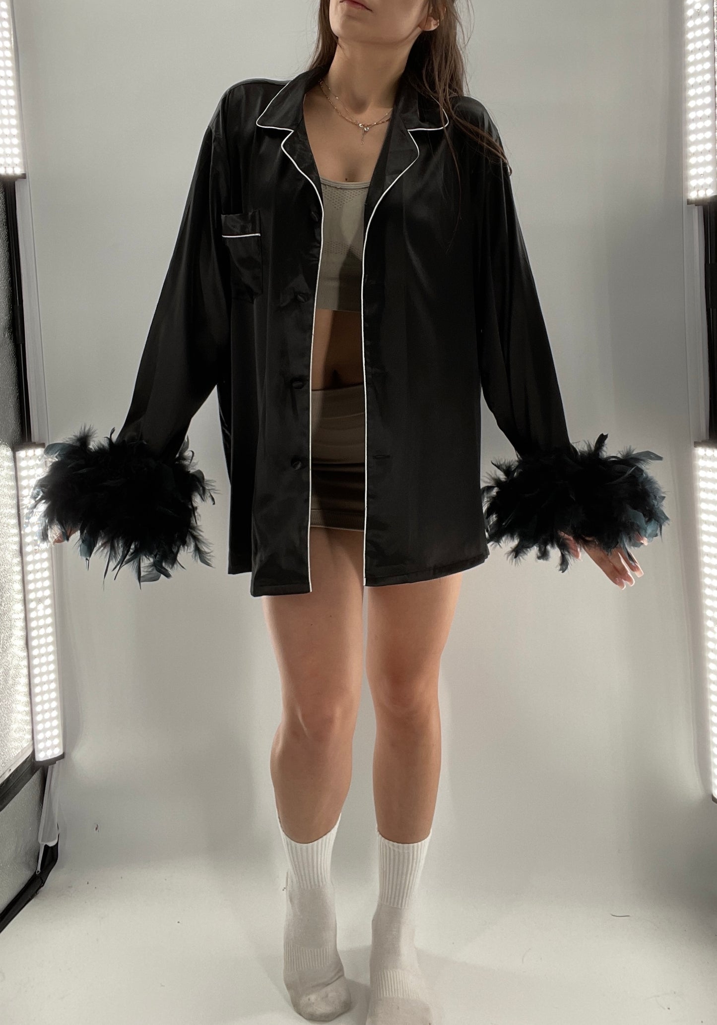 Lonxu Black Satin Pijama Top with Ostrich Feather Cuffs (XXL)