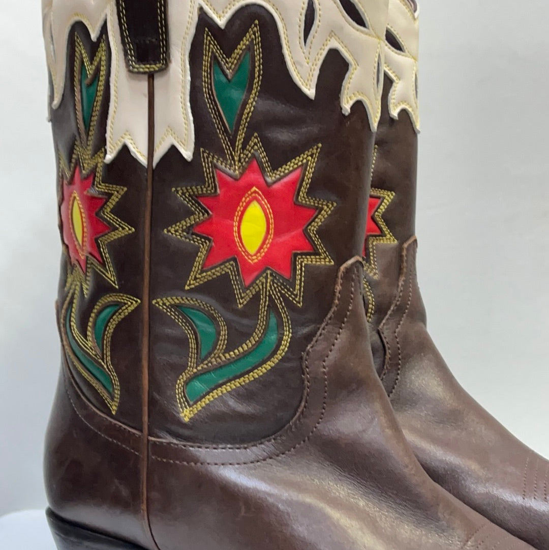 Vintage Brown Leather Cowgirl Boots Beige Trim with Red Flowers