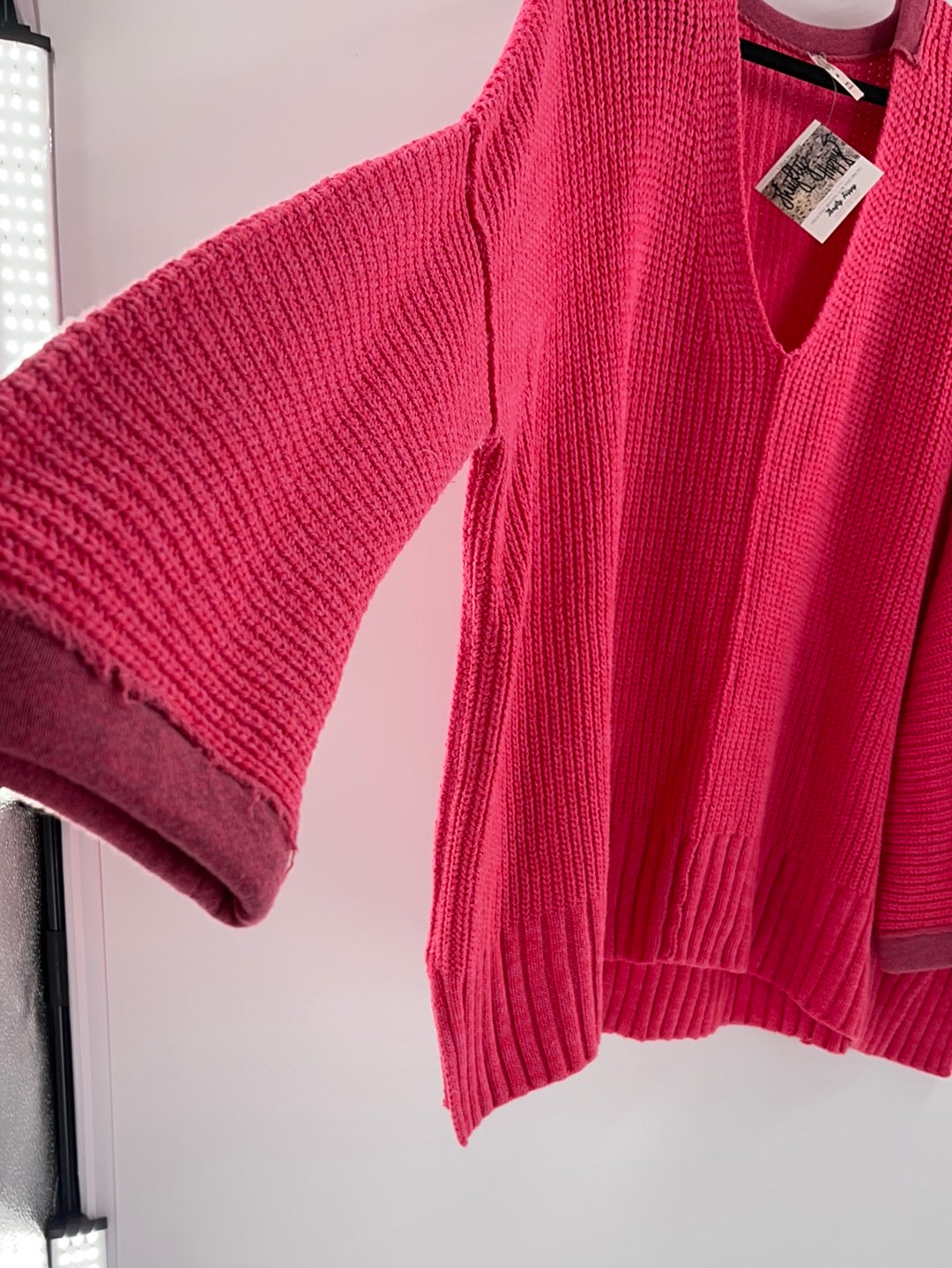 Free People Bright Pink Oversized Sweater V Neck ( Size Medium/Large)