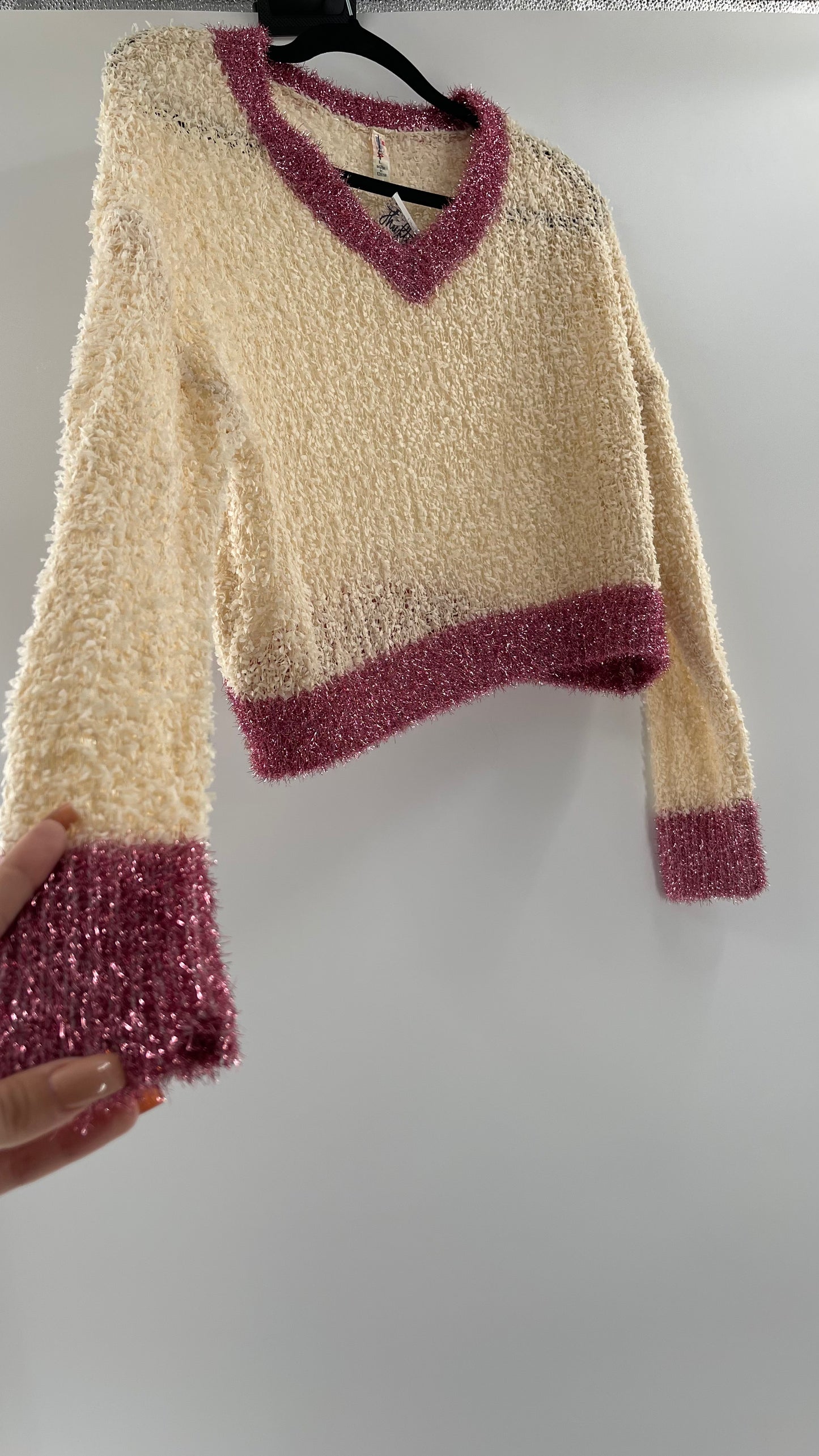 Anthropologie RAGA Cream and Fuchsia Tinsel Varsity Sweater (Large)