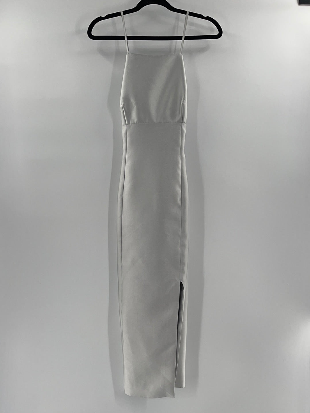 Keepsake - Anthropologie - Satin Silver Sleeveless Maxi Dress With Spaghetti Straps (Size L) - With Tag -