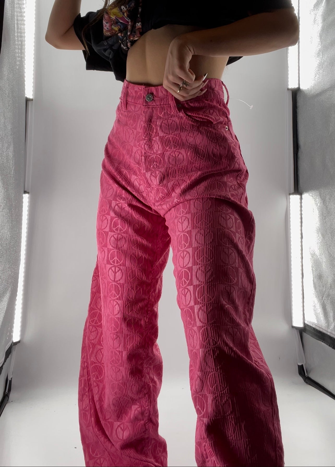 BDG Hot Pink Checkered Peace Sign Wide Legs (27)