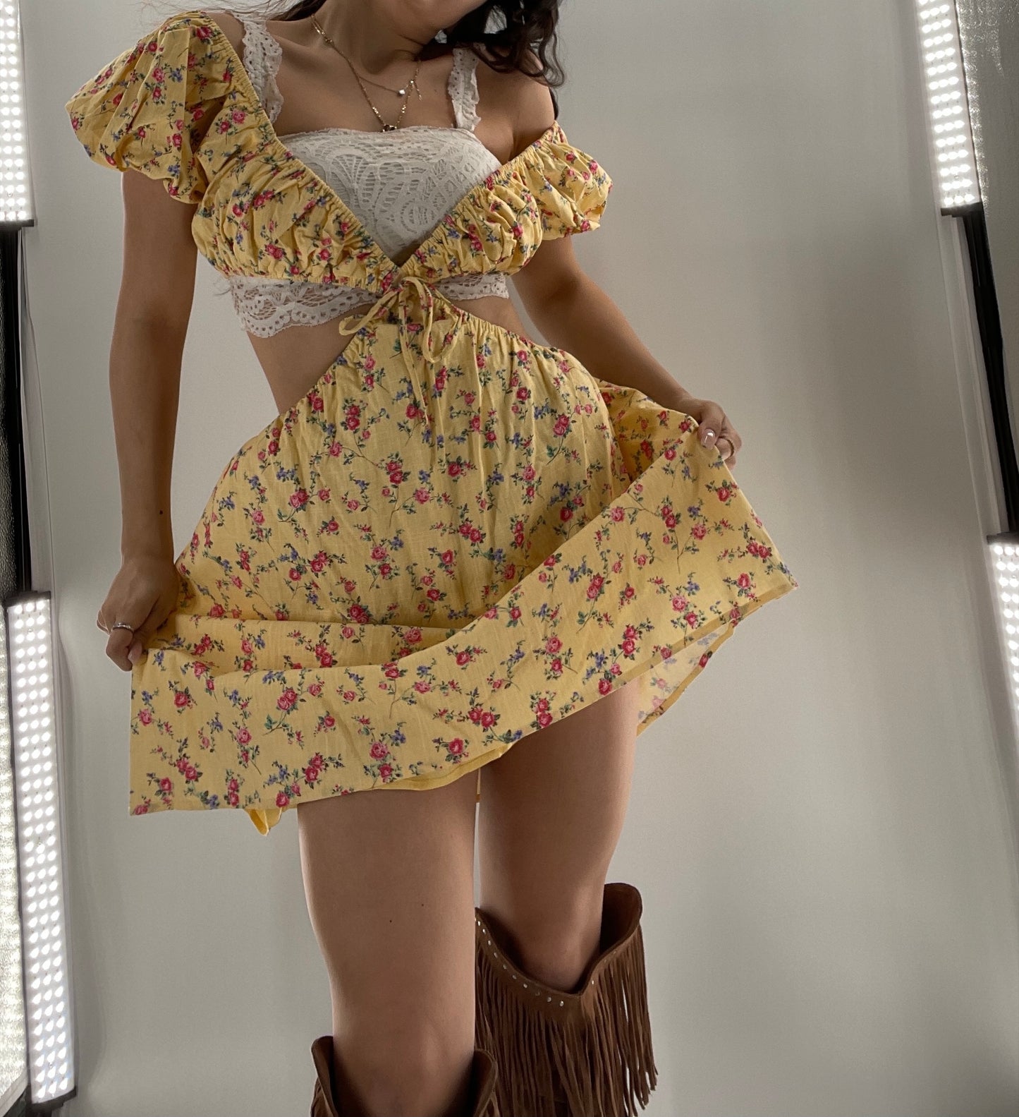 Yellow Cut Out Floral Dress (Small)