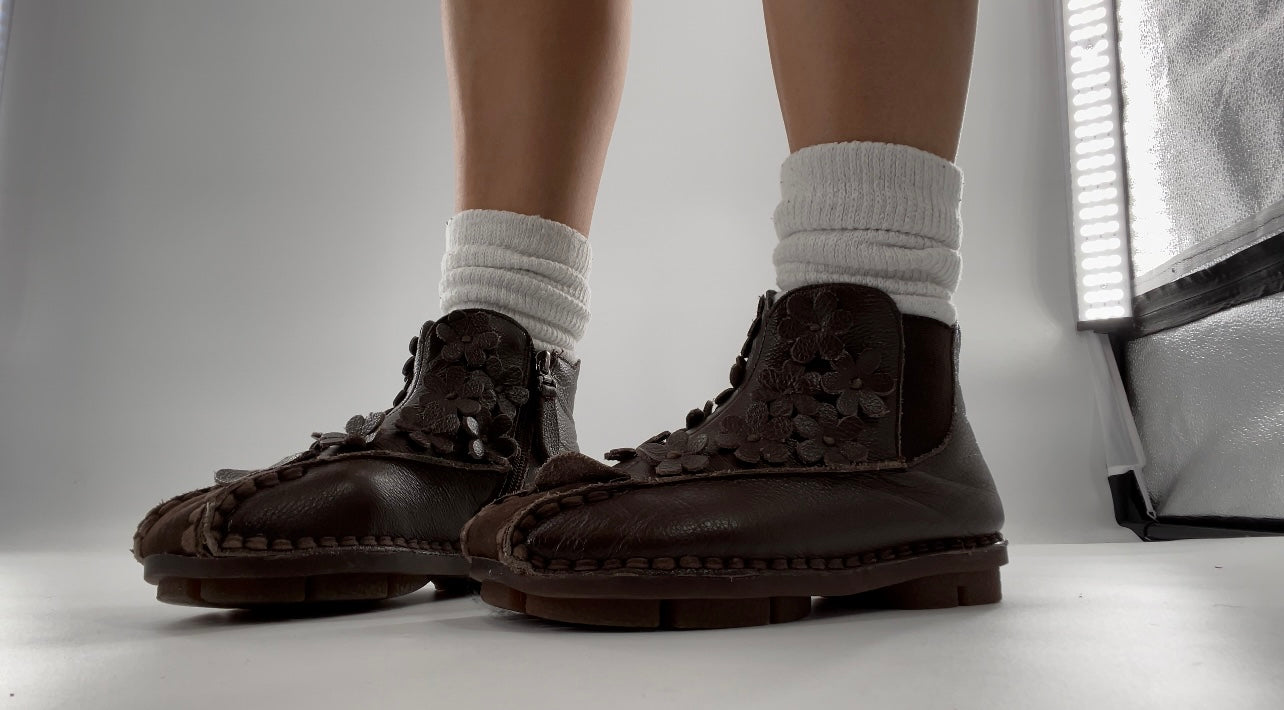 Handmade Brown Leather Flower Power Booties (38)