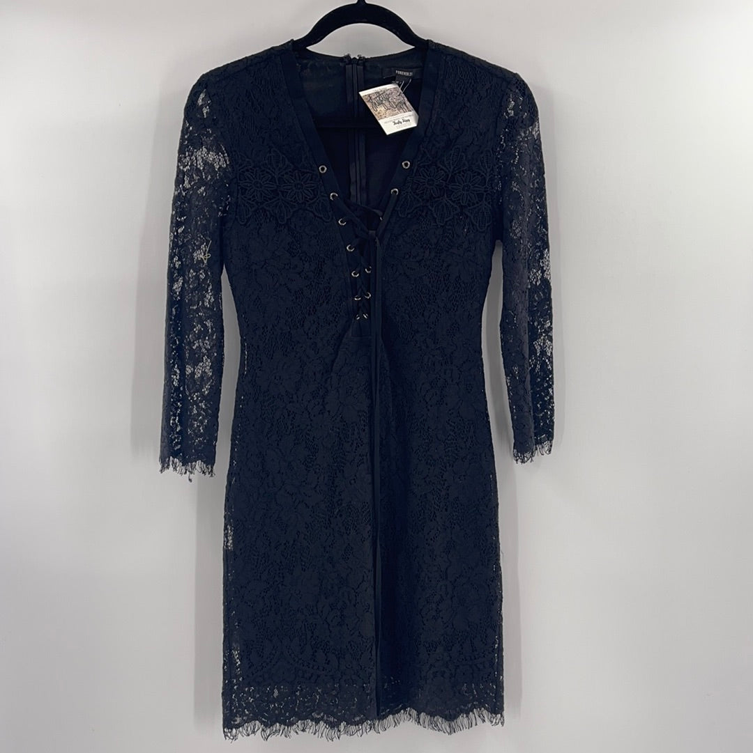Black Lace, Tie Up Mini Dress (Small)