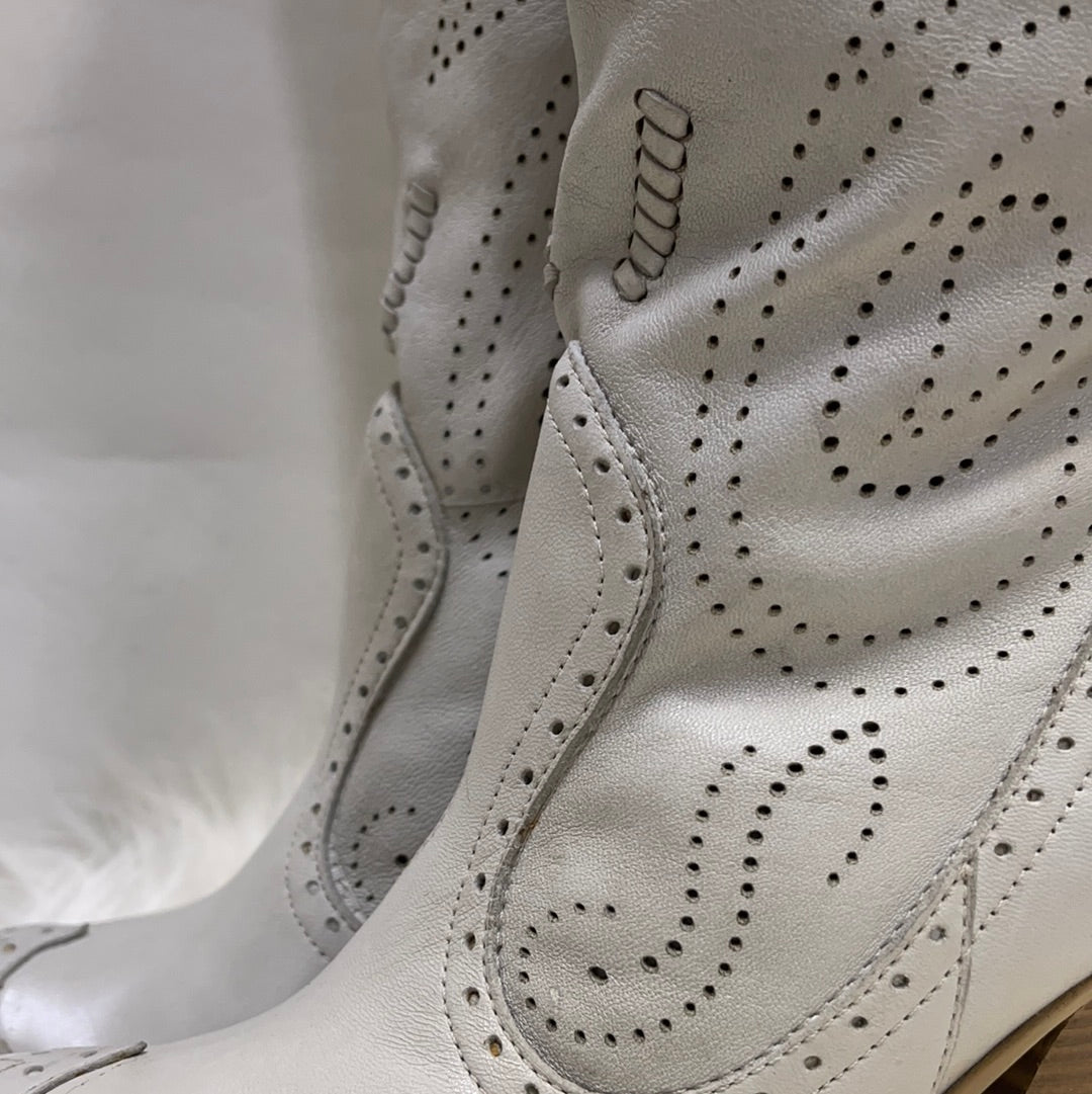 BCBG Laser Cut White Leather Boots