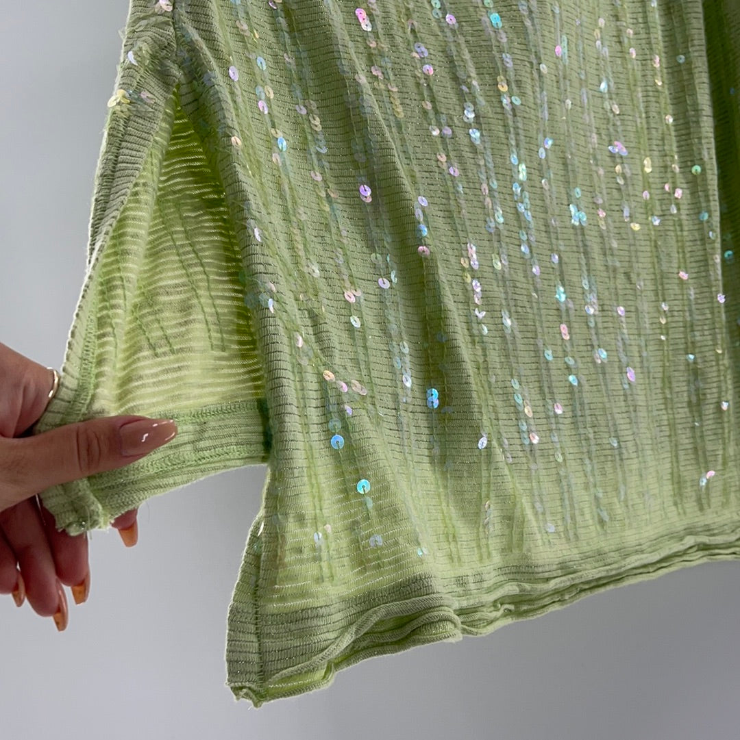 Free People Lime Green with Iridescent Sequin High Low Sweater (Size Small)