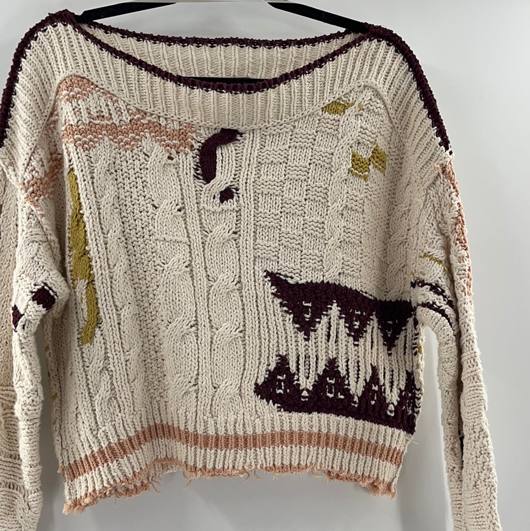 Free People Distressed Cropped Sweaters Cream With Burgandy Mustard and Pink Details (Size XS)