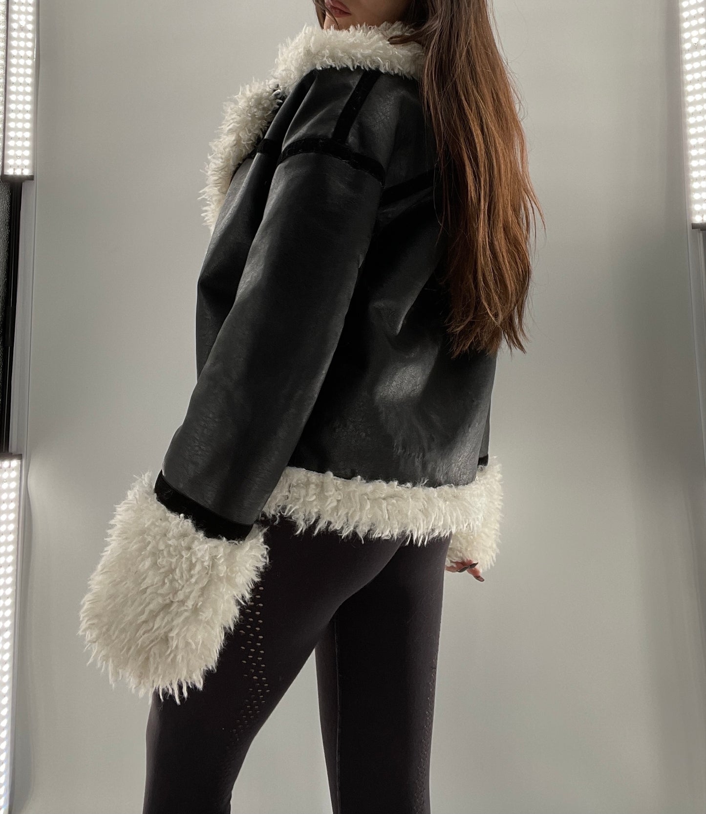 LIONESS Phoenix Jacket Black Faux Leather White Fur Trim (XS)