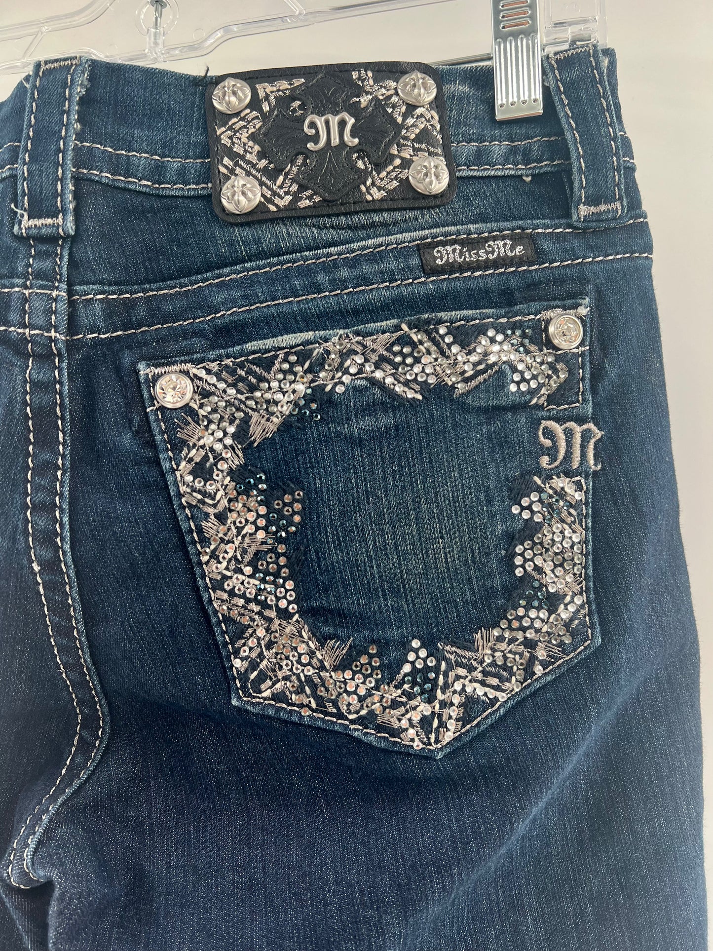 Miss Me Embroidered Rhinestone Gem Jeans With Unique Buttons and Stitching (Size 28)