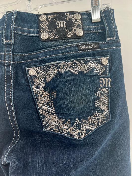 Miss Me Embroidered Rhinestone Gem Jeans With Unique Buttons and Stitching (Size 28)