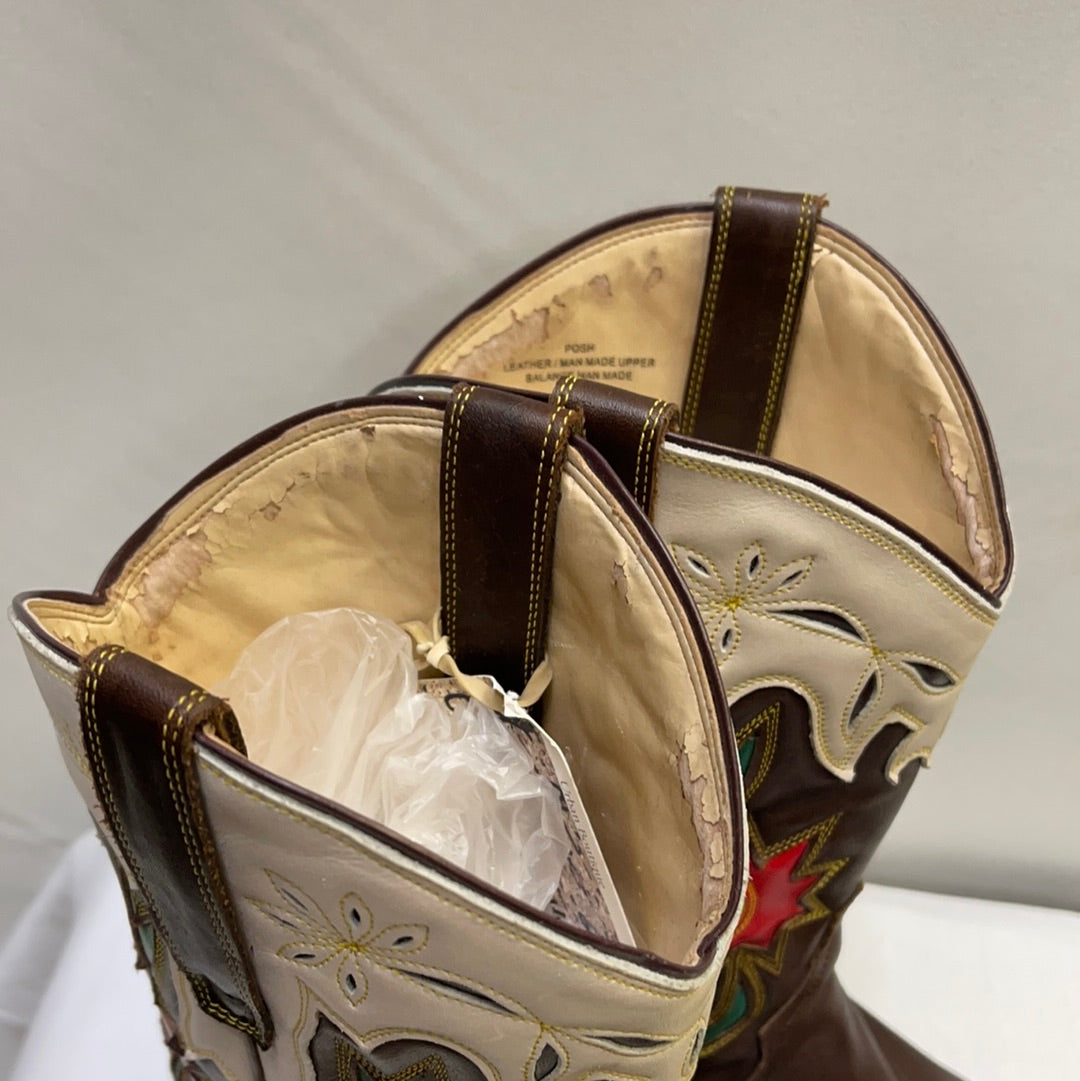 Vintage Brown Leather Cowgirl Boots Beige Trim with Red Flowers
