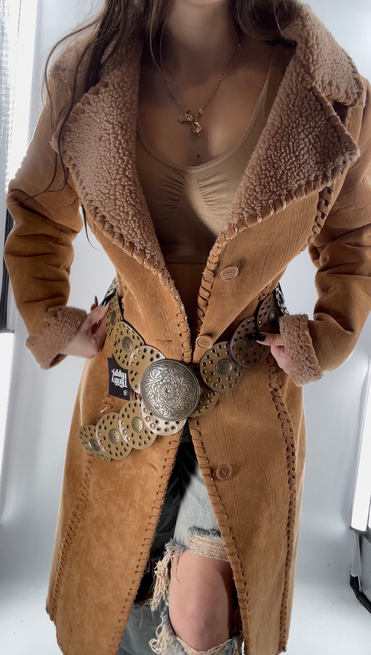 Light Brown Circle Belt with Exaggerated Buckle and Metal Details (XL)